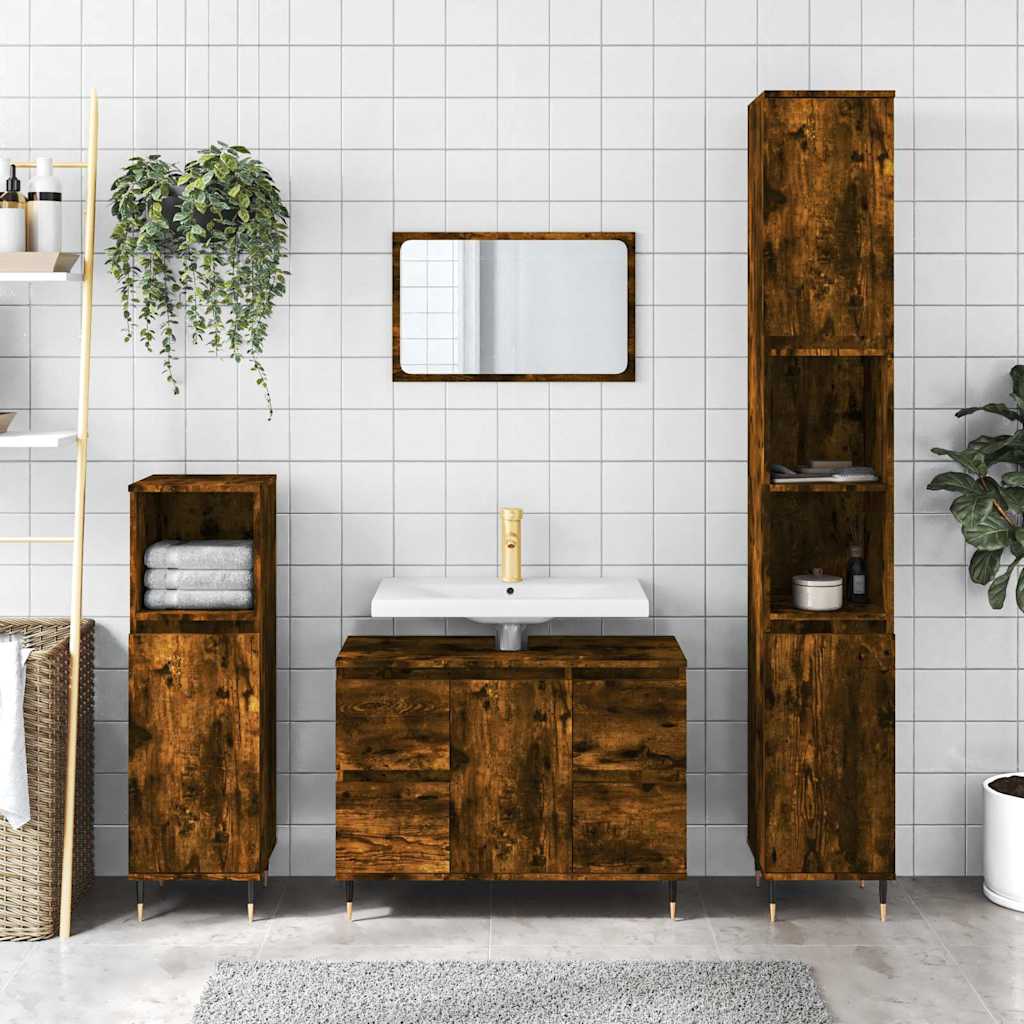 Armoire Salle De Bain | Armoire De Toilette | Meuble De Rangement Chêne Fumé 80x33x60cm Bois D'ingénierie