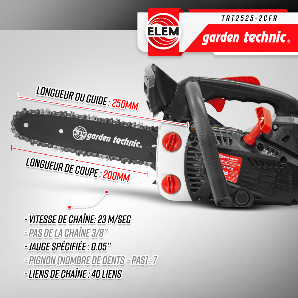 Elagueuse Thermique 25cc - Guide 25cm - 2 Temps - Livrée Avec 2 Chaînes - Elem Garden