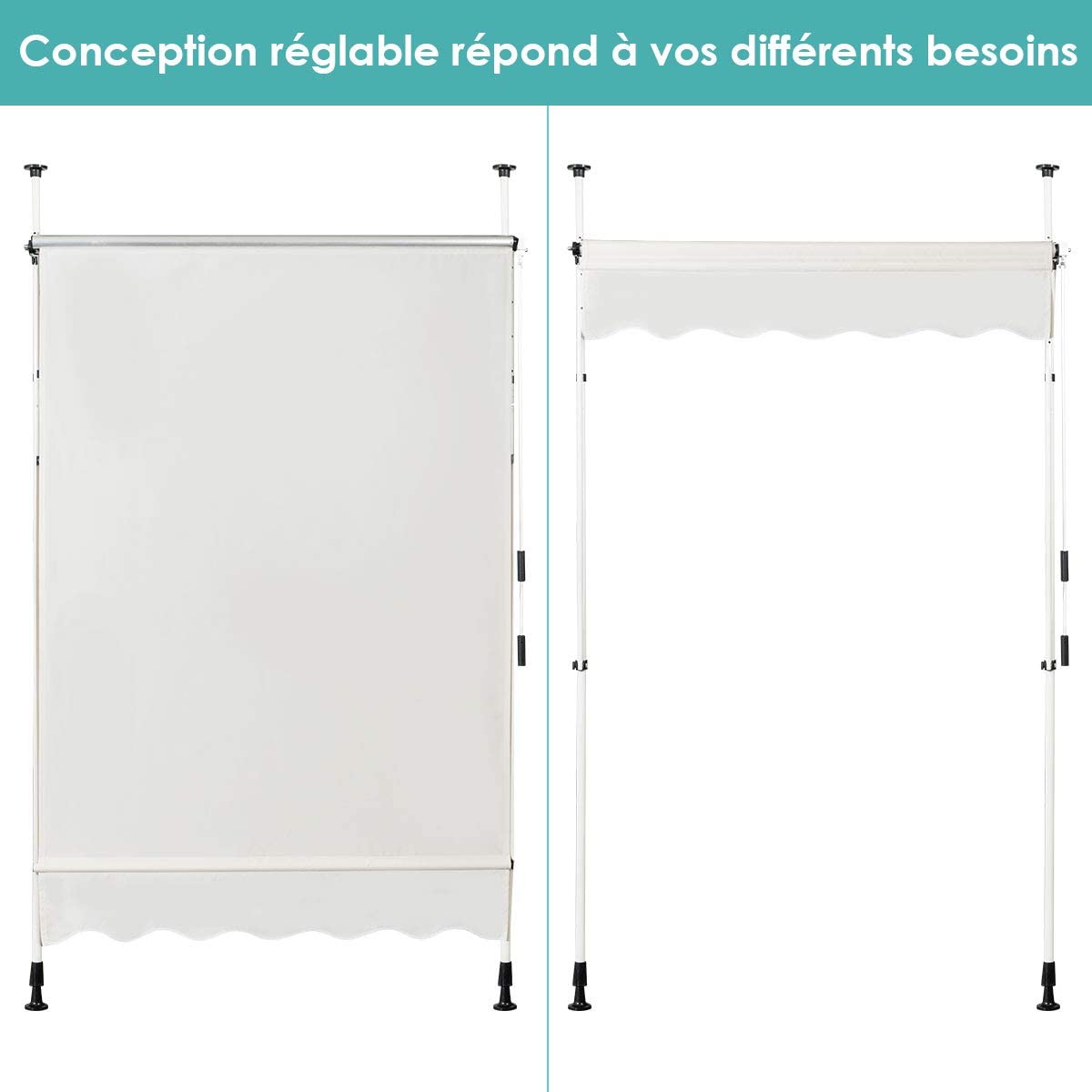 Auvent Rétractable Manuel 150x125cm Hauteur Réglable 2-3m Sans Perçage En Métal Et Tissu