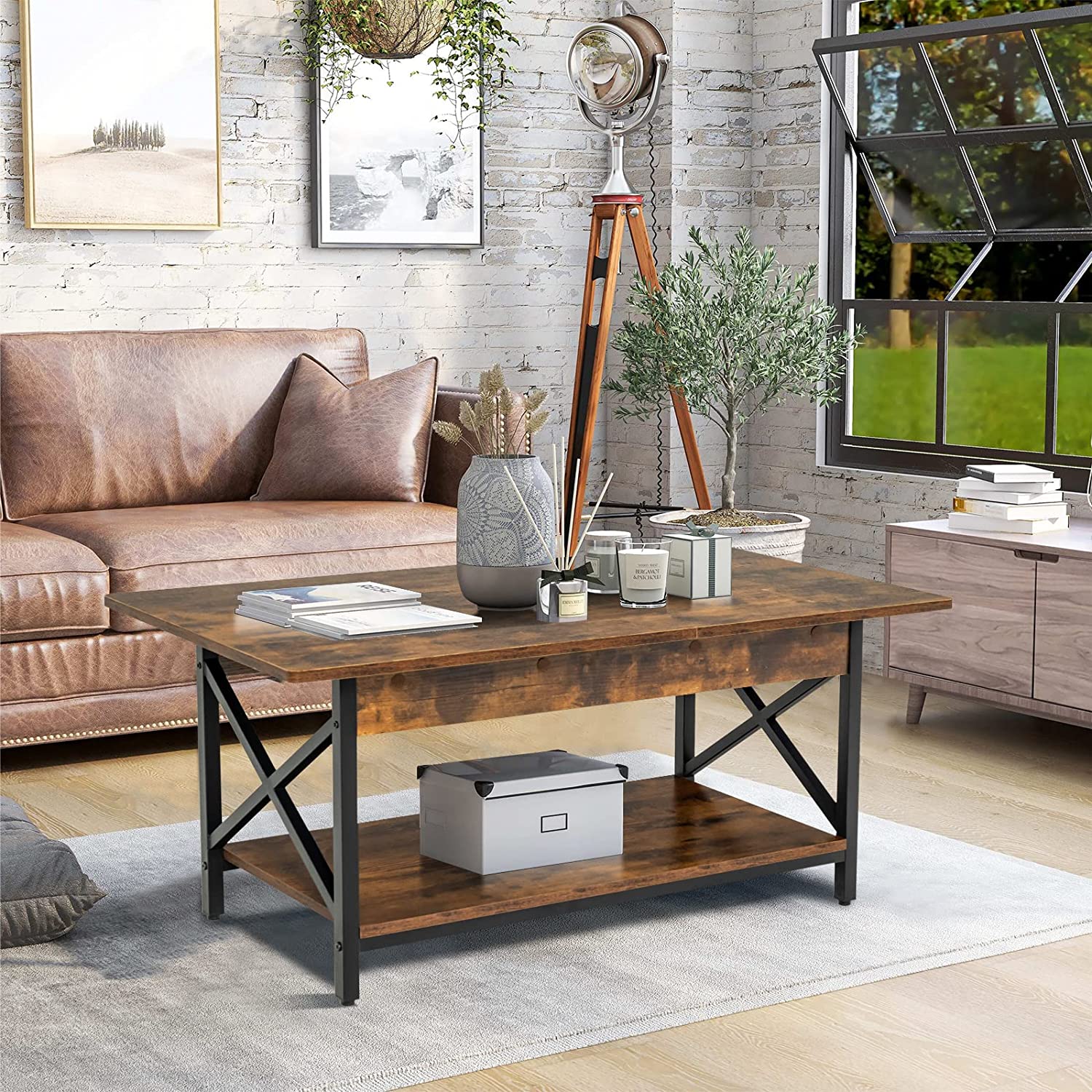 Costway Table Basse À 2 Niveaux, 110 X 60 X 48 Cm, Avec Cadre Métallique En Forme X, Pieds Réglables