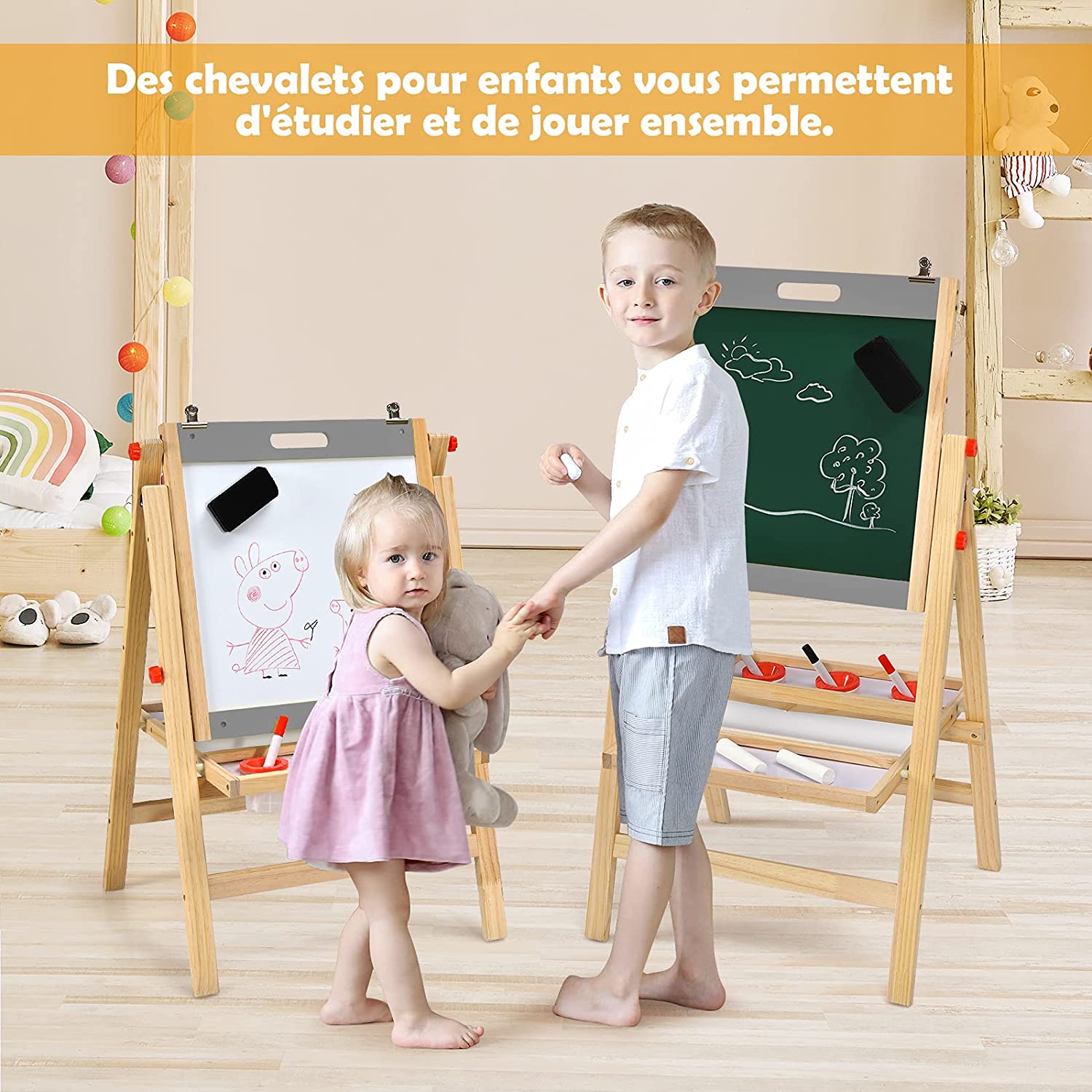 Chevalet D’art 3-en-1 Pour Enfants De 3+ans Avec Hauteur Réglable Sur 5 Positions