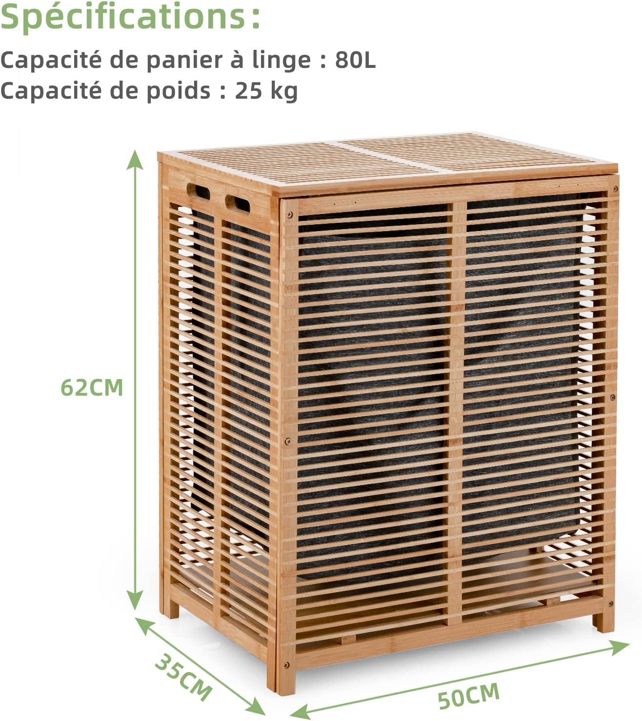 Panier À Linge 80l En Bambou, Corbeille À Linge Avec Couvercle, Sac À Doublure, Poignées Et Design De Lattes