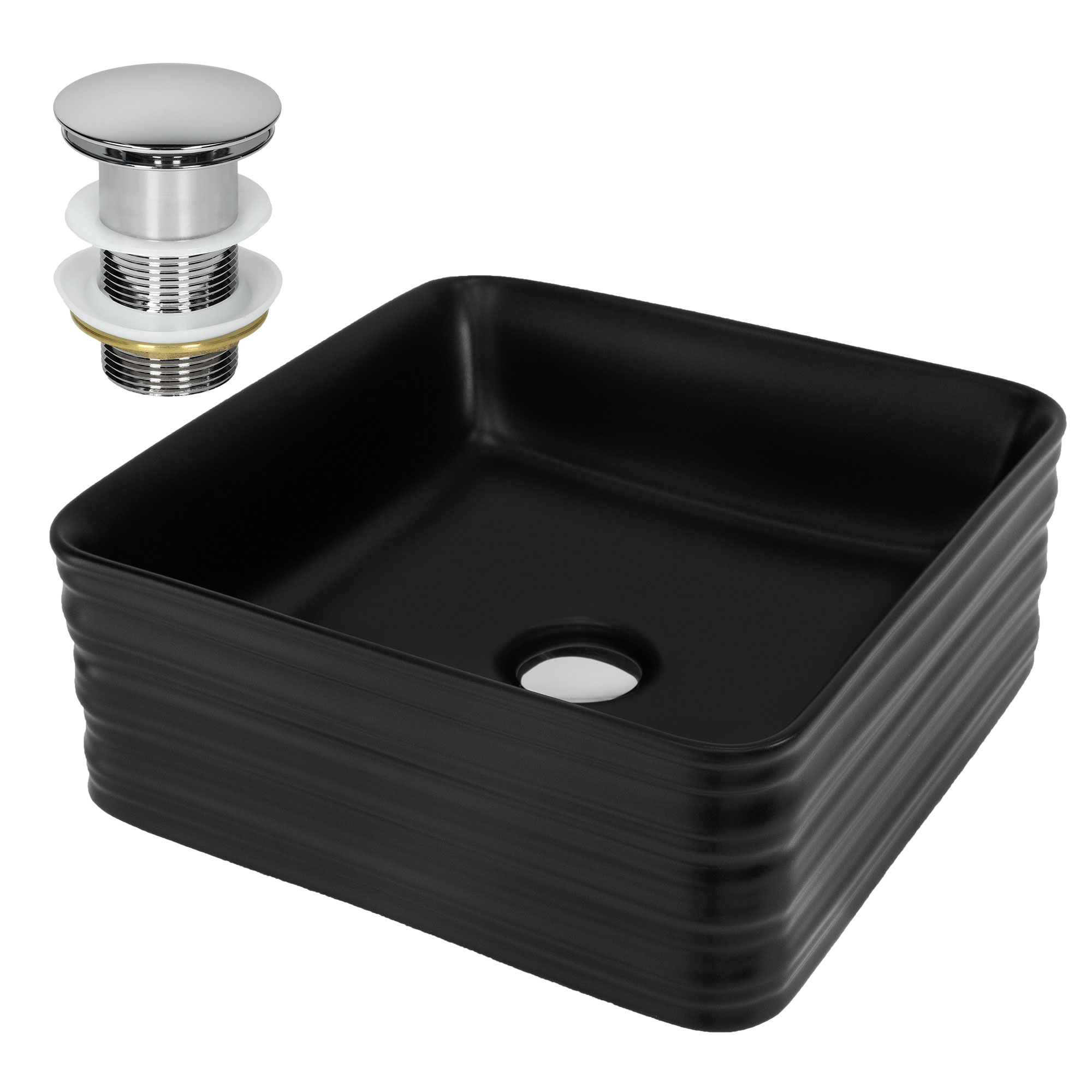 Vasque À Poser En Céramique Noir Lavabo Avec Garniture De Vidange 390x390x150 Mm