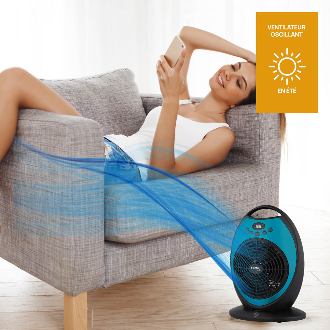 Soufflant 2 En 1 Mazda Ogive - Ventilateur Oscillant Et Radiateur Mobile - Température Réglable, Minuterie - Bleu