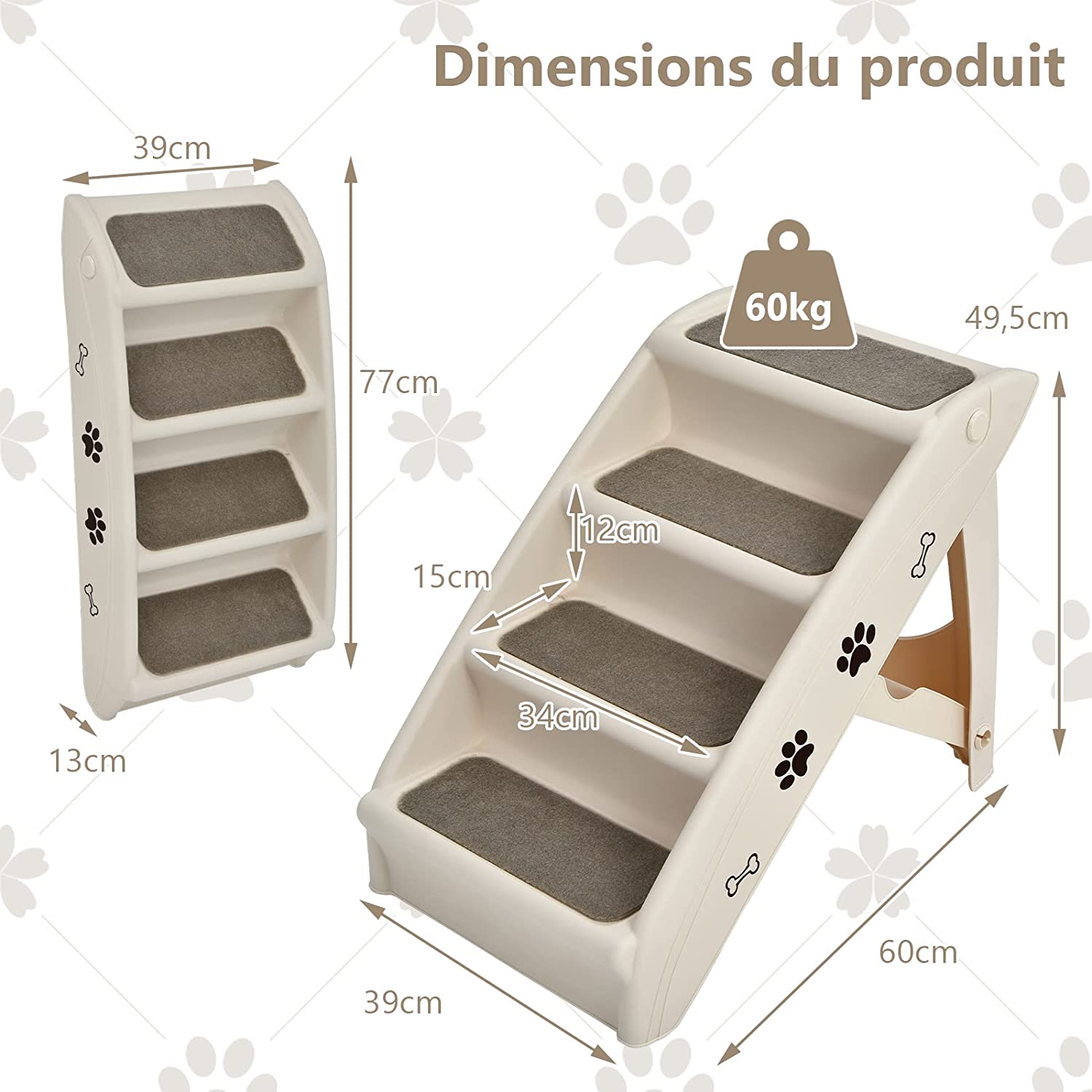 Escalier Pour Chien Pliant À 4 Marches En Plastique Charge 60kg 64 X 39 X 49 Cm