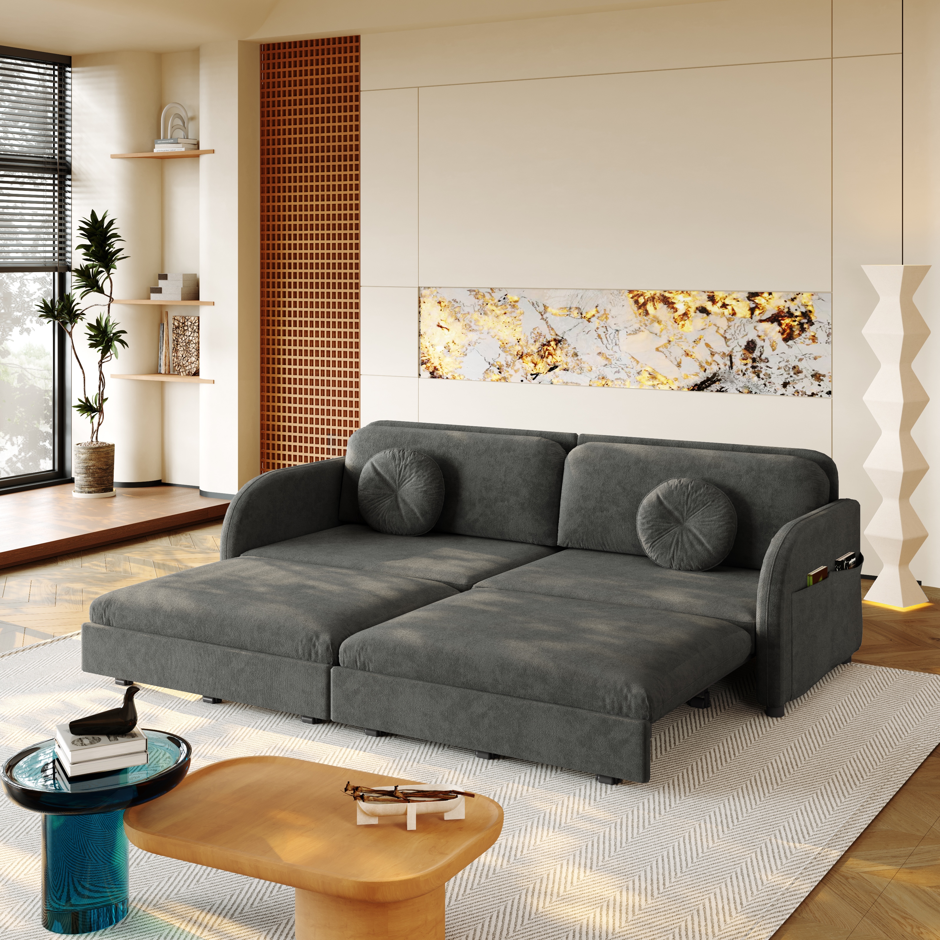 Canapé-lit 3 places gris en chenille avec couchage 190 x 200 cm
