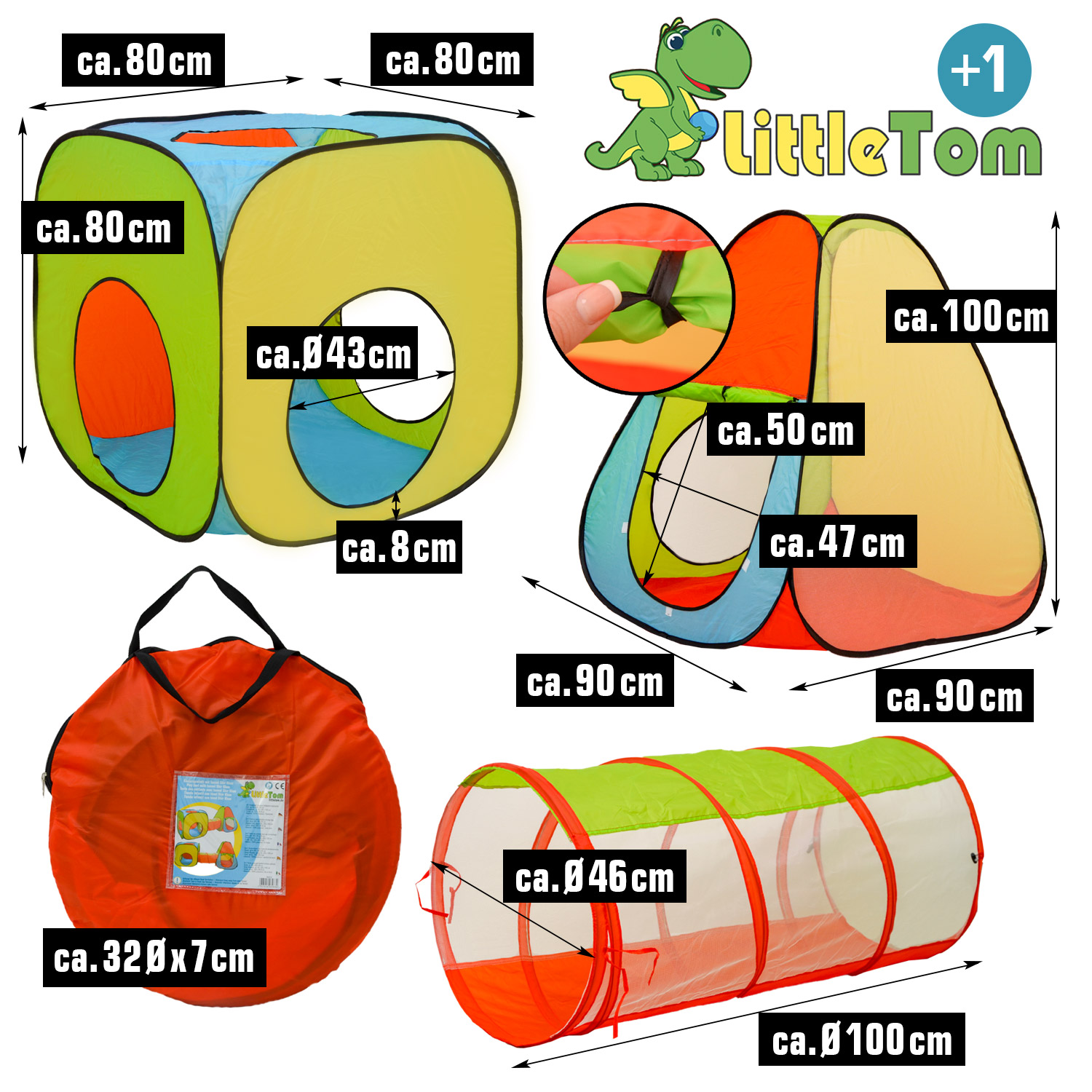 LittleTom - Set 2 Tentes De Jeu Avec Tunnel – 320x100x135 Cm + 200 Balles Colorées