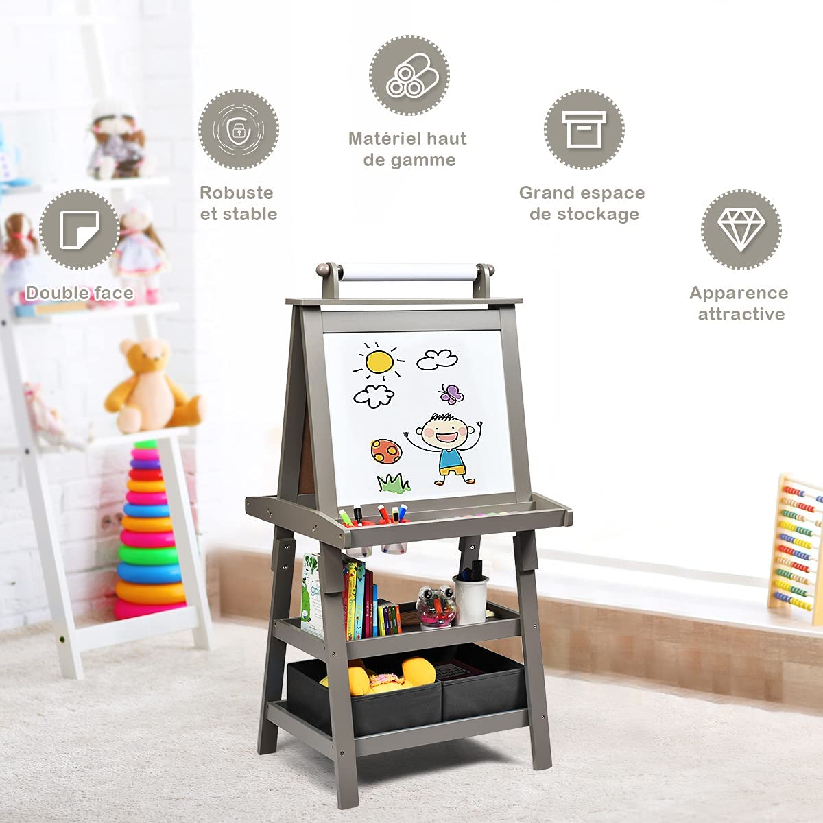 Costway Chevalet Pour Enfants 3 En 1 Tableau De Dessin Magnétique Double Faces