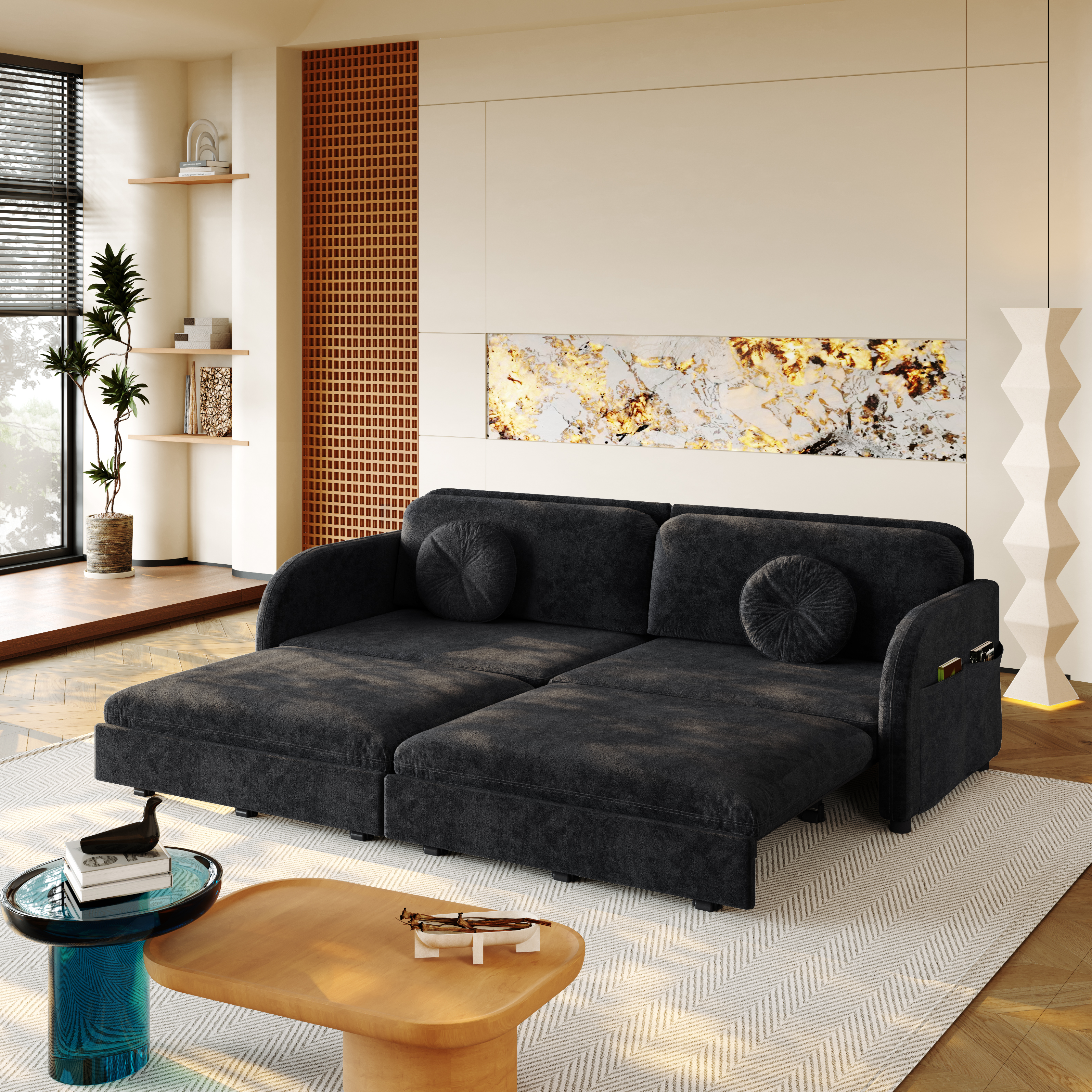 Canapé-lit 3 places noir en chenille avec couchage 190 x 200 cm