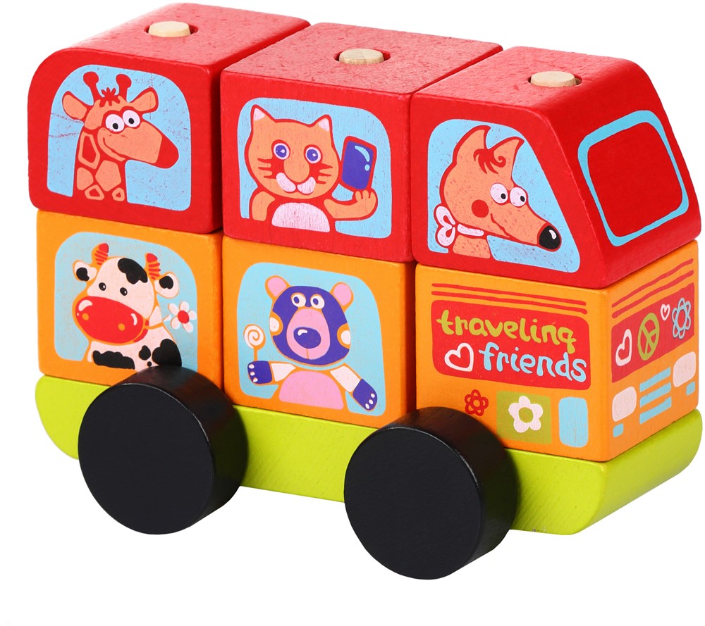 Figurine De Triage En Bois Cubika Mini Bus Joyeux Animaux