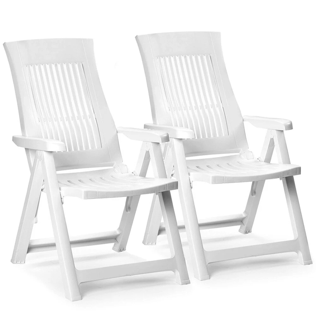 2xWhite Folding Garden Lounger Chair 5 Multi Reclining Positions