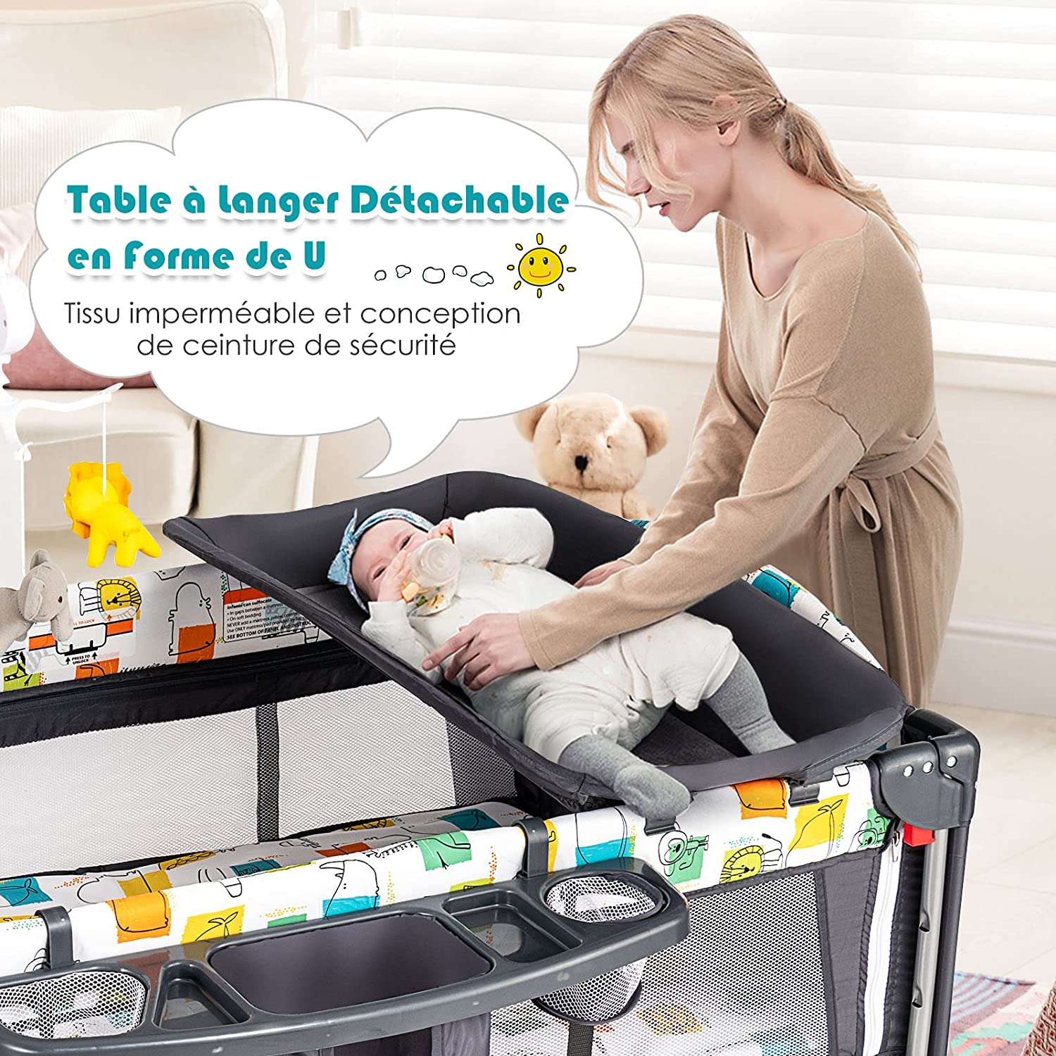 Lit Parapluie Bébé Pliant 5 En 1 Avec Matelas,berceau Parc Bébé Avec Table À Langer,boîte À Musique