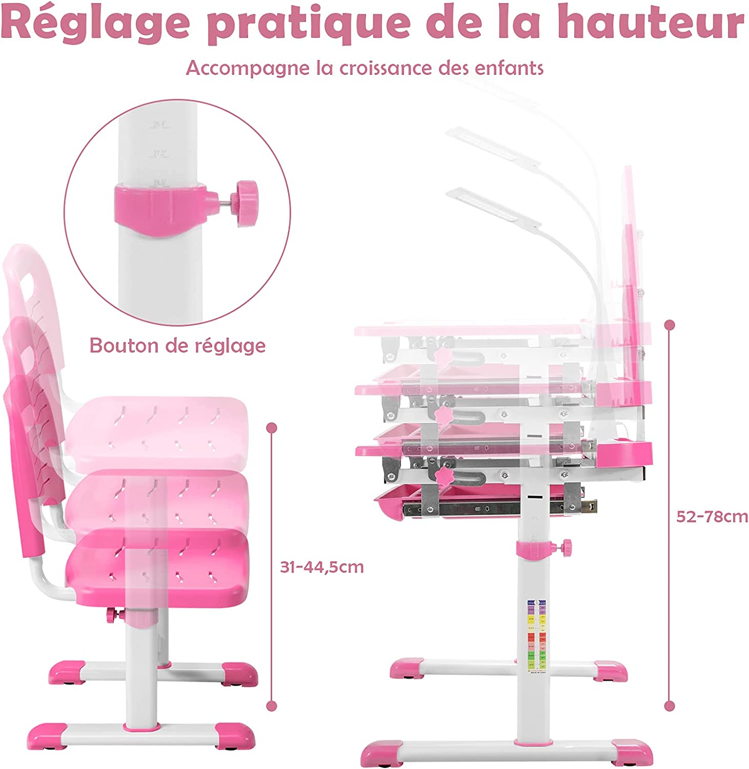 DREAMADE Ensemble Bureau et Chaise pour Enfants en Hauteur Réglable