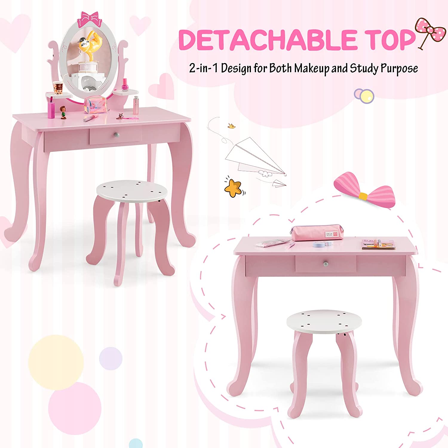 Coiffeuse Pour Enfant Avec Tabouret, Table Maquillage En Bois Avec Miroir Rotatif Ovale