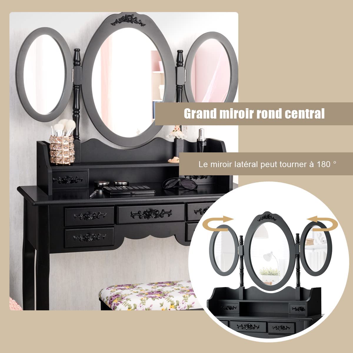 Coiffeuse LED avec Miroir Coulissant et Tabouret, Table de Maquillage Moderne avec 4 Tiroirs et