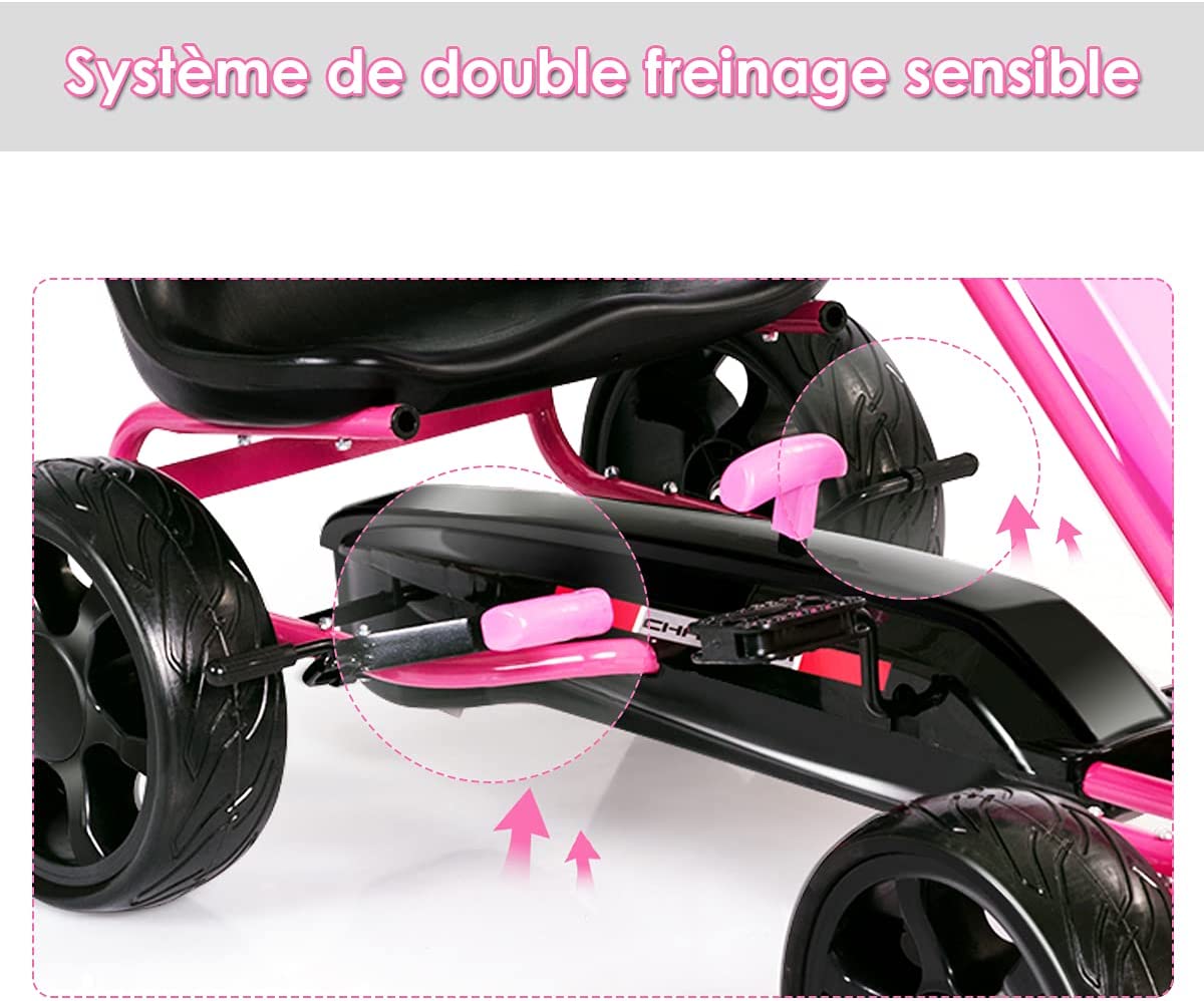 Kart À Pédales Go-kart Avec Siège Réglable Ergonomique Et Frein À Main En Acier Pour Enfants De 3 À 8 Ans Rose
