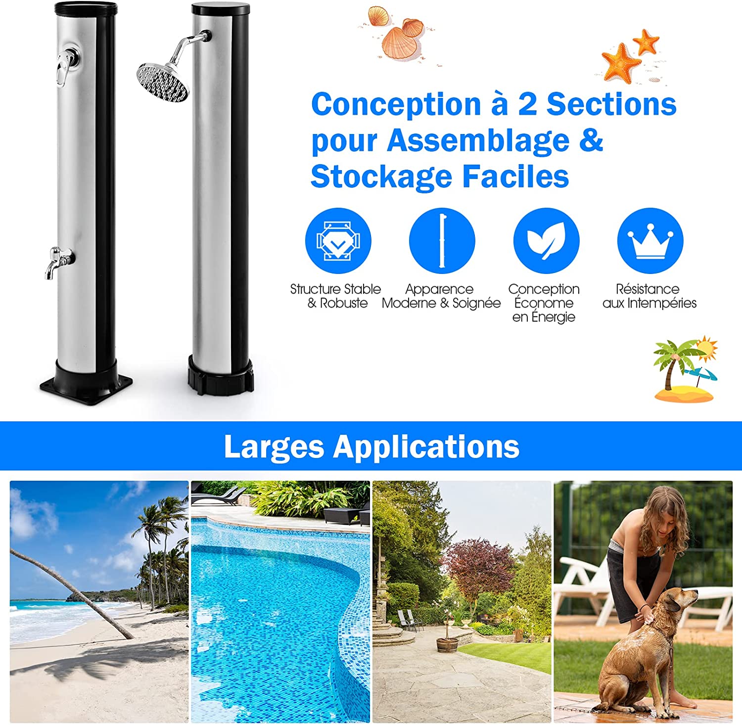 Costway Douche Solaire De Jardin 38l 217,5cm Avec Pommeau
