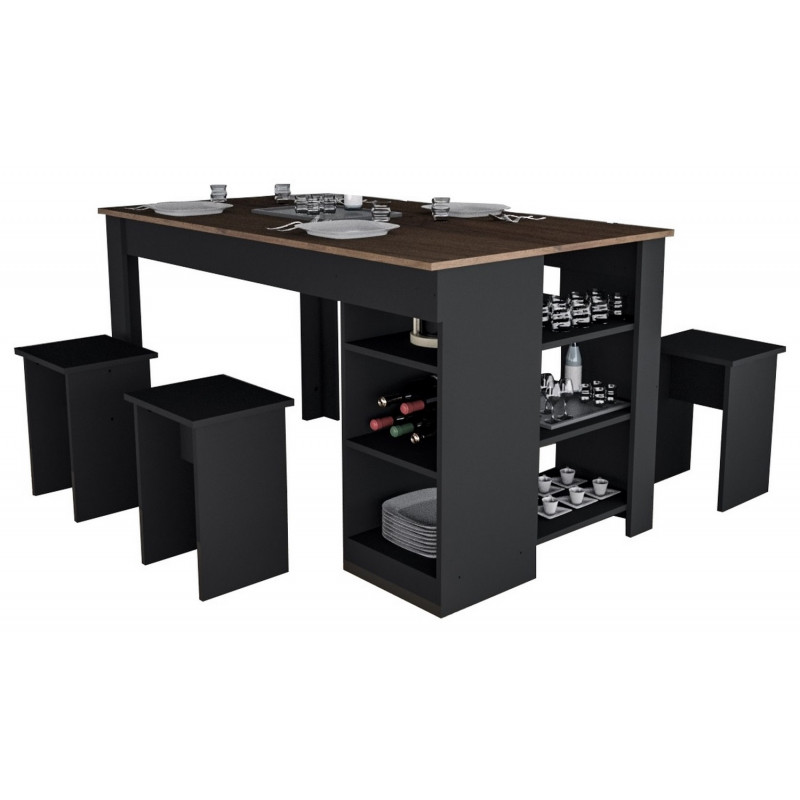 Table À Manger Avec Rangement Et 4 Tabourets Noir Et Noyer à Prix Carrefour