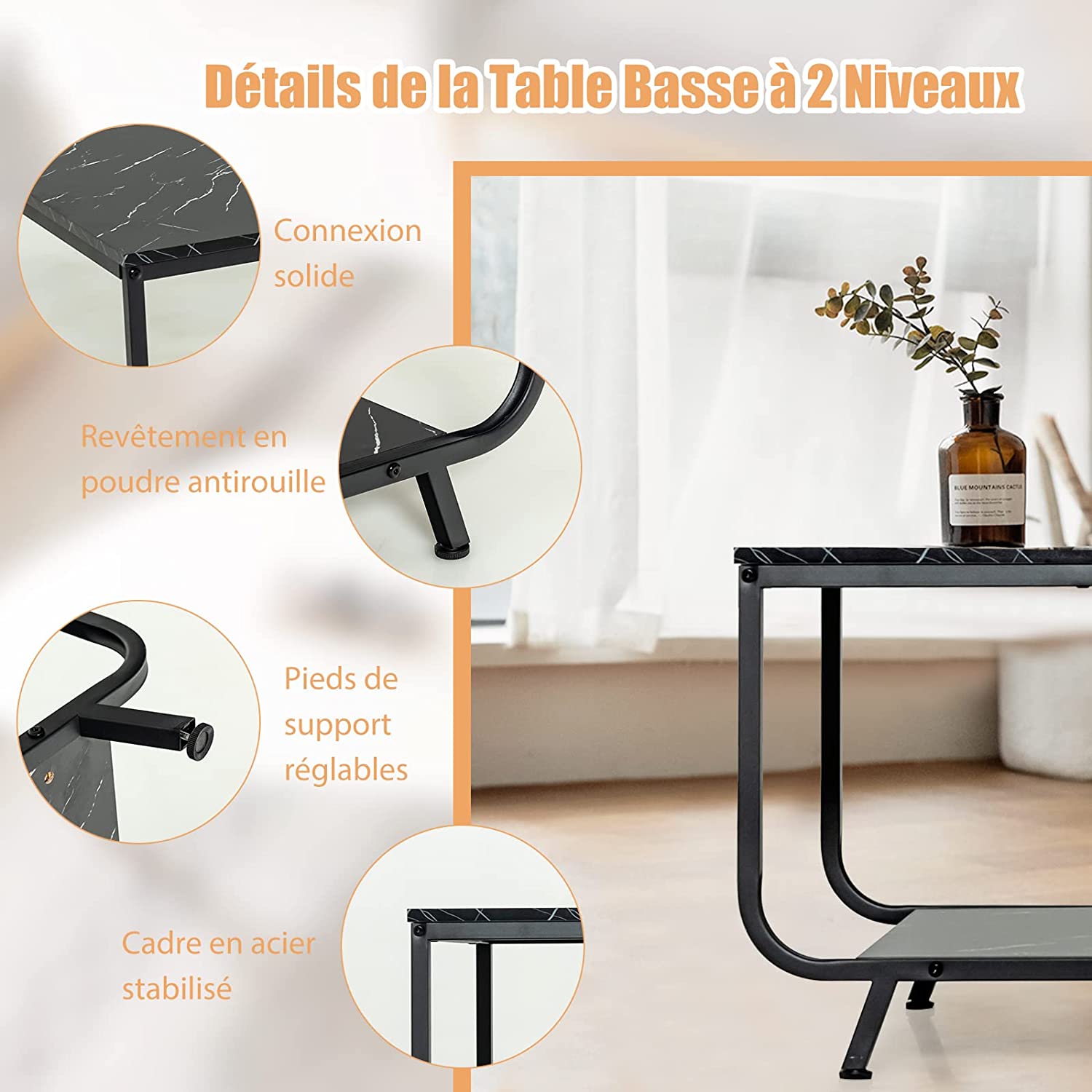 Costway Table Basse Moderne En Faux Marbre Noir À 2 Niveaux Avec Étagère Et 4 Pieds