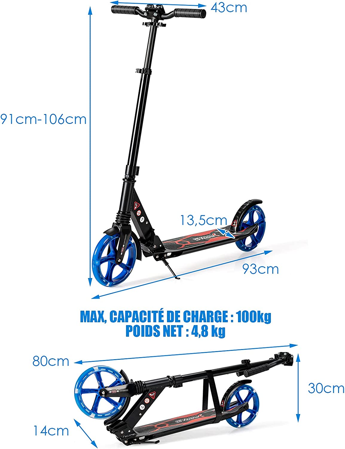 Trottinette Pliable Avec 3 Hauteurs Réglables Et Frein À Pied, Pour Adultes, Adolescents Et Enfants 8 Ans+