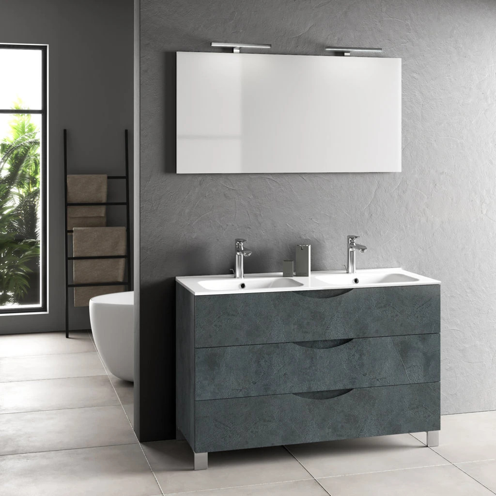 Ensemble Meuble De Salle De Bain 3 Tiroirs Bleu Effet Pierre Double