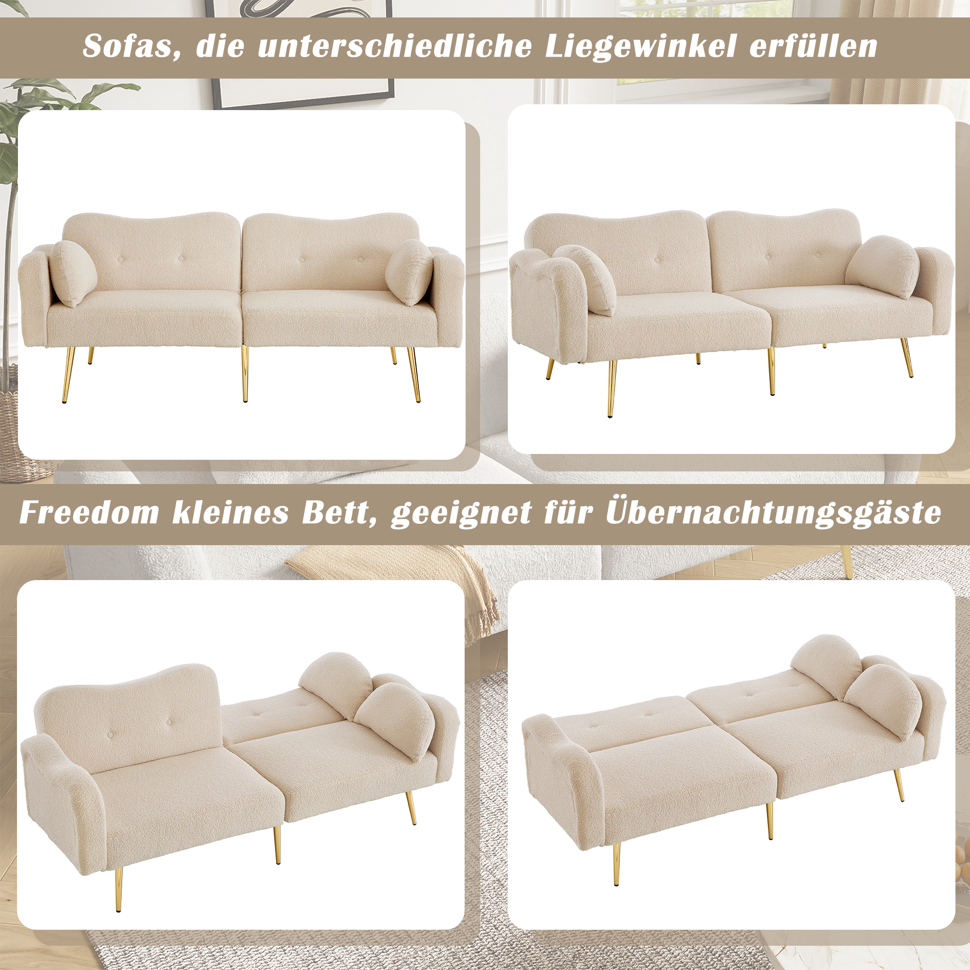 Canapé convertible beige et naturel en situation