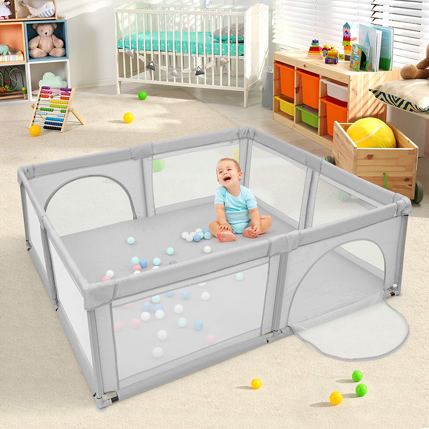 Parc De Jeu Pour Bébé Géant Avec 50 X Balles, Pieds Avec Ventouses, 206 X 185,5 X 68 Cm Gris