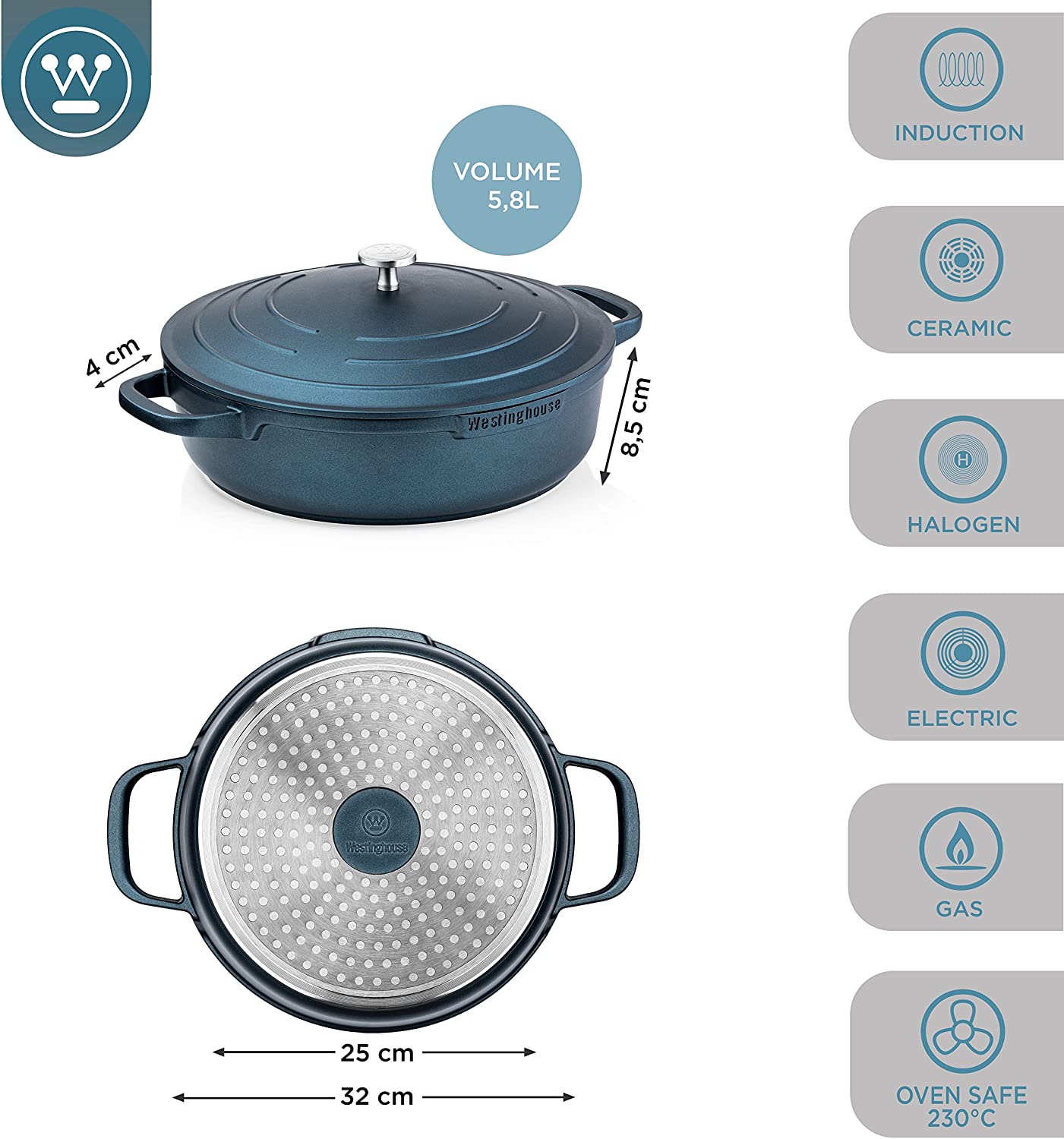 Westinghouse édition Spéciale Westinghouse Sauteuse Induction 32cm - Édition Spéciale Marbre Cocotte Wok Multifonction - 13