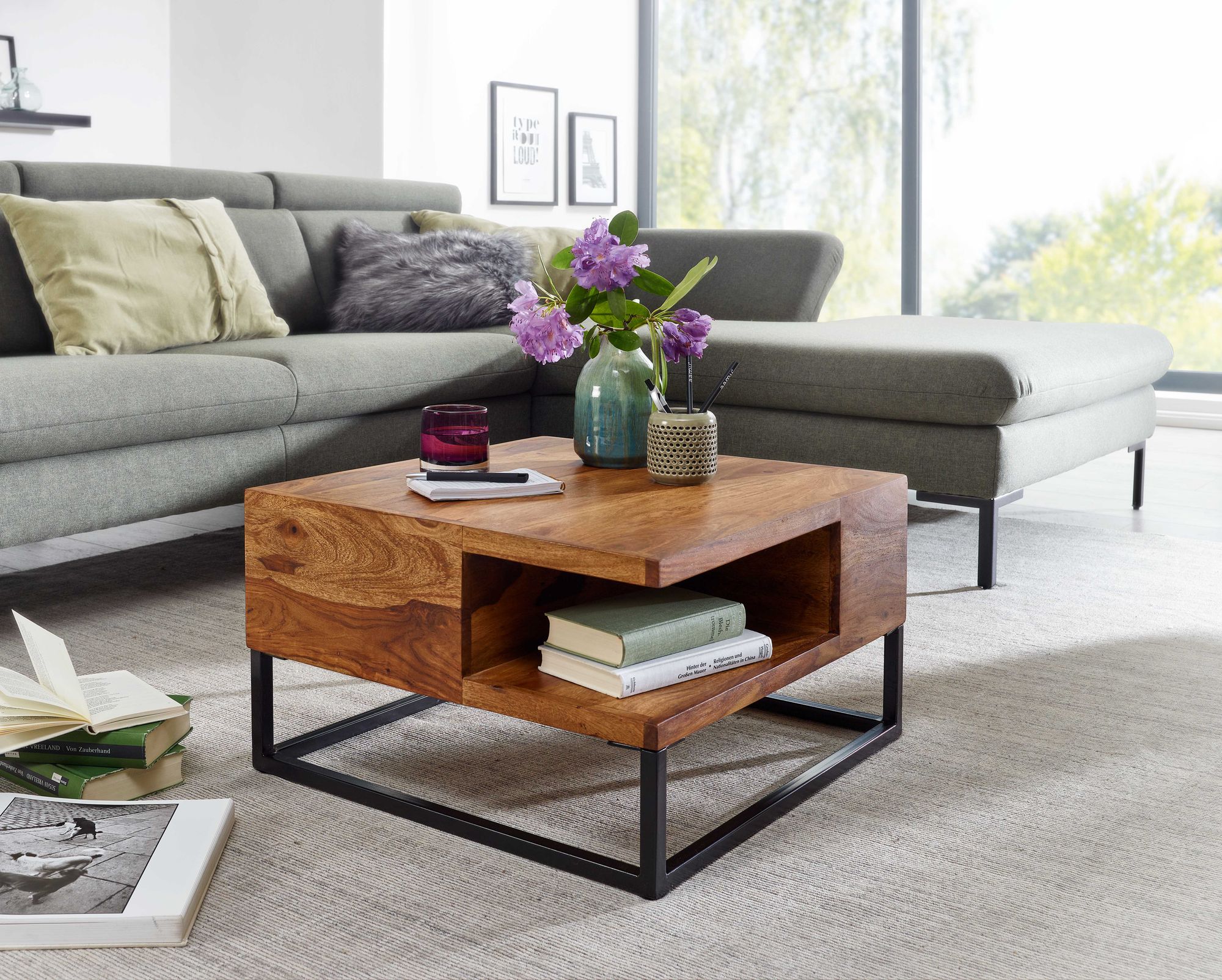 Finebuy Table Basse De Salon Bois Massif Métal 60x60x34,5 Cm Carré Table Canapé