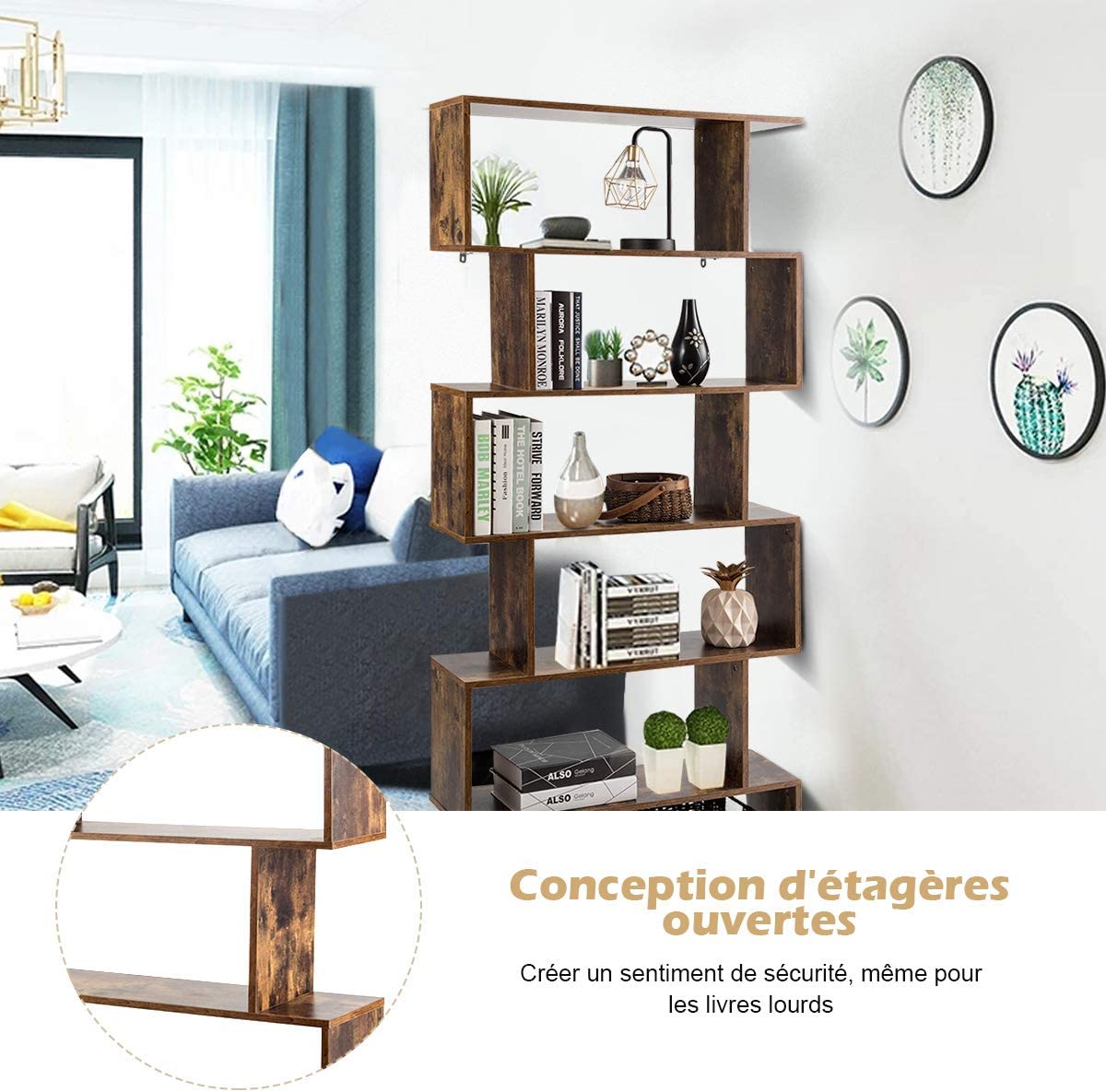 Costway  Bibliothèque Étagère Pour Livres Meuble Rangement De 6 Niveaux Contemporaine Noir