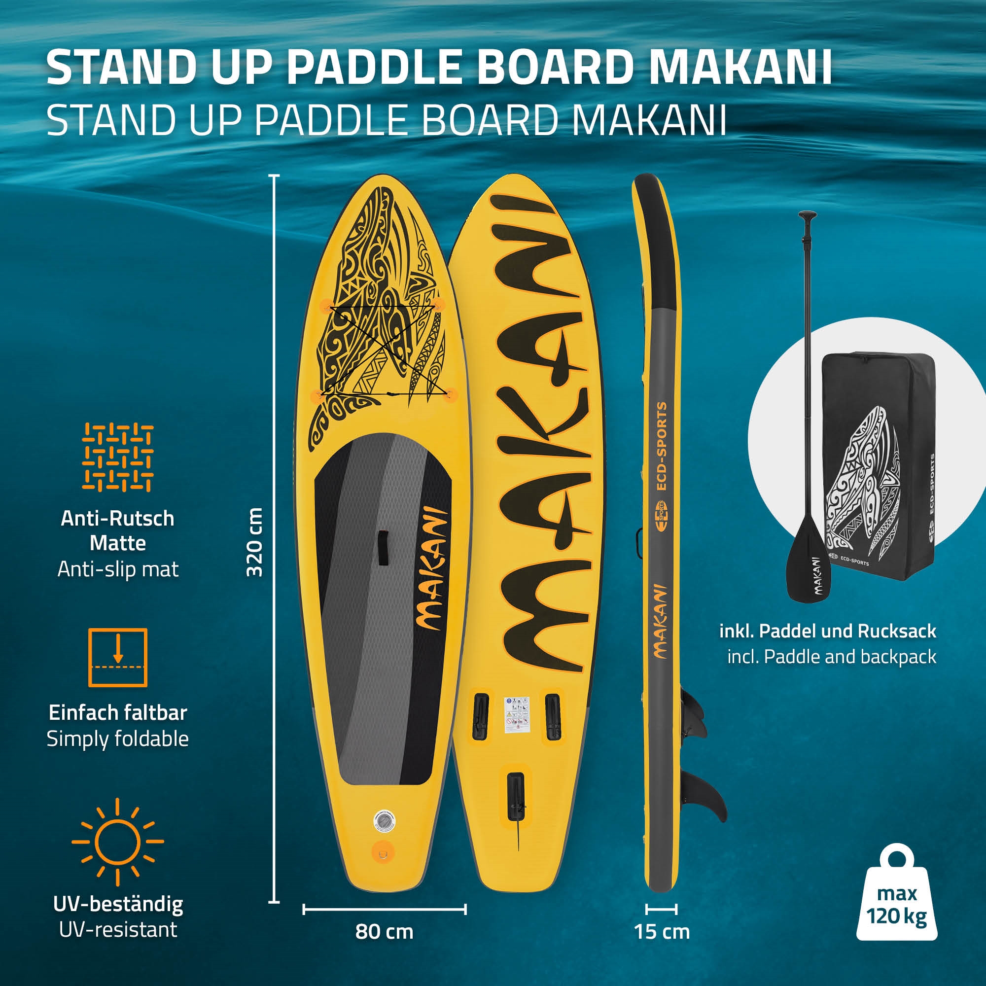 Stand Up Paddle Board Gonflable Makani Planche Sac Pompe Pagaie Jaune 320 Cm