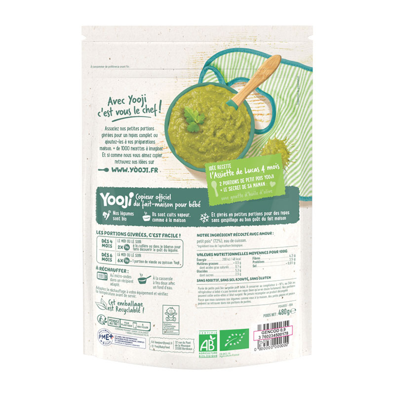 Yooji Purée Lisse Petit Pois Bio 12 Repas Bébé Dès 4 Mois les 3 sachets de 1440 g à Prix