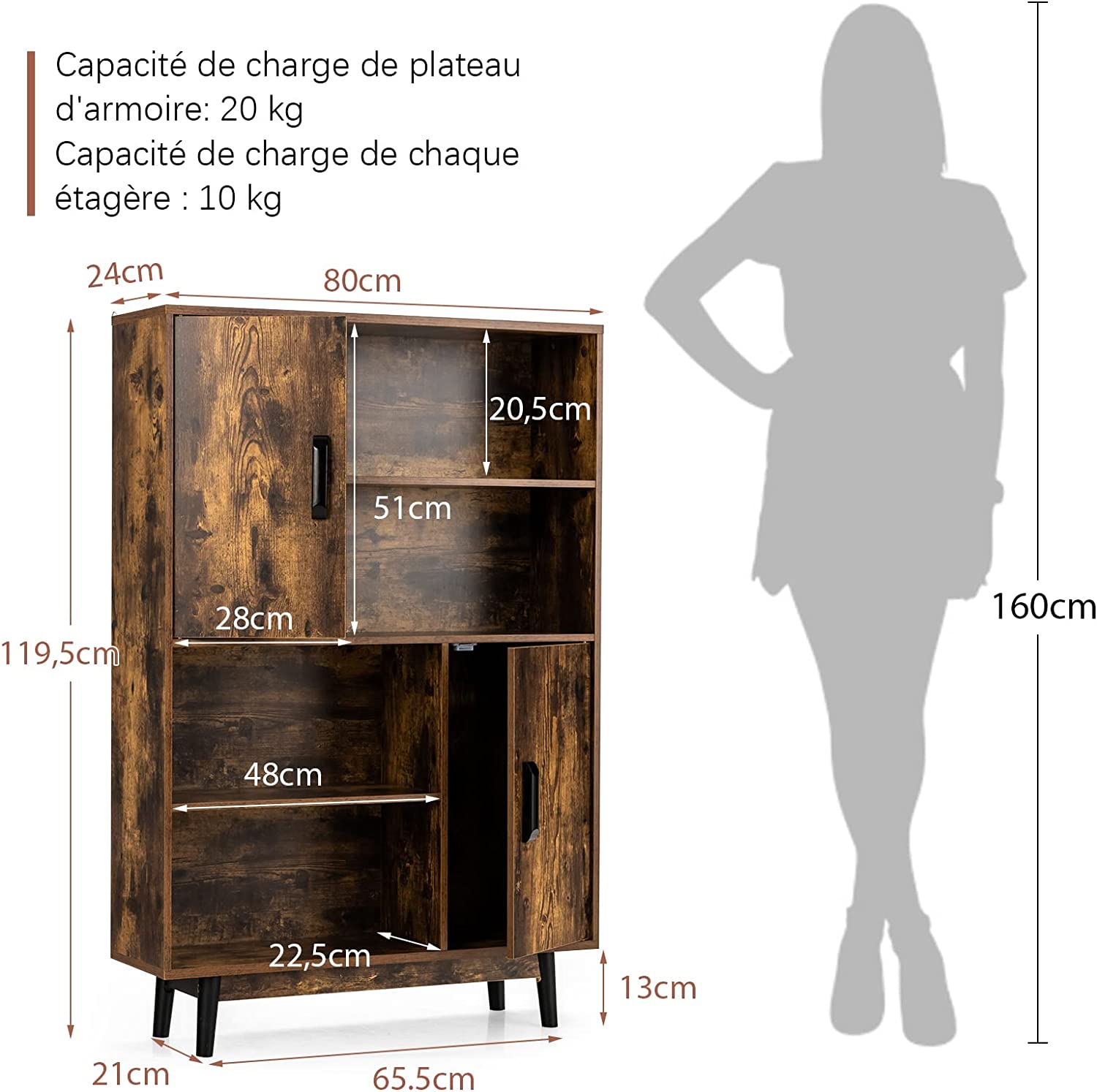 Bibliothèque, Étagère À 4 Niveaux Avec 2 Portes