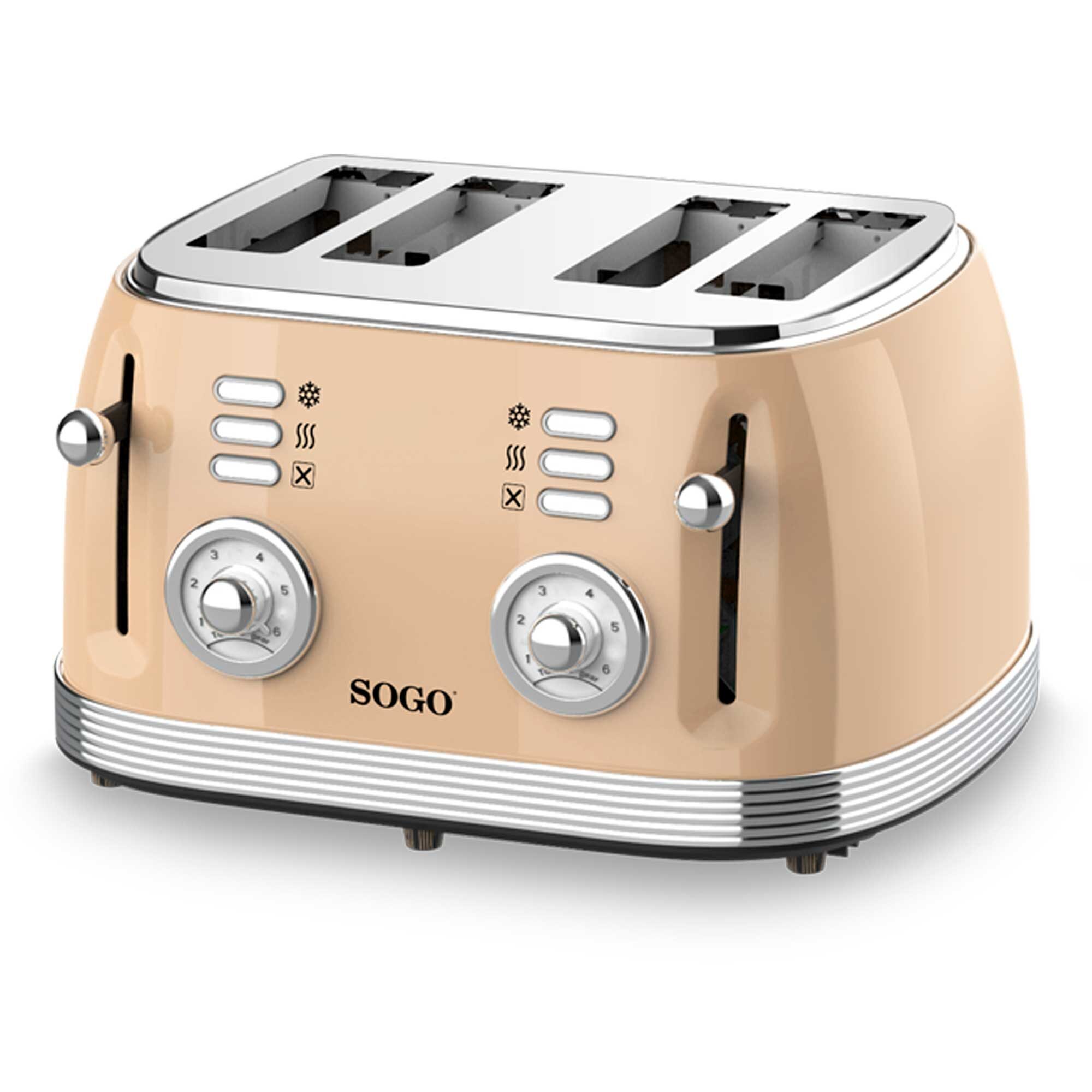 Image of SOGO Tostapane 4 Fette 1500W, Ampie Fessure, Design Retrò Beige, 6 Livelli di Tostatura, Funzione Scongelamento e Riscaldamento