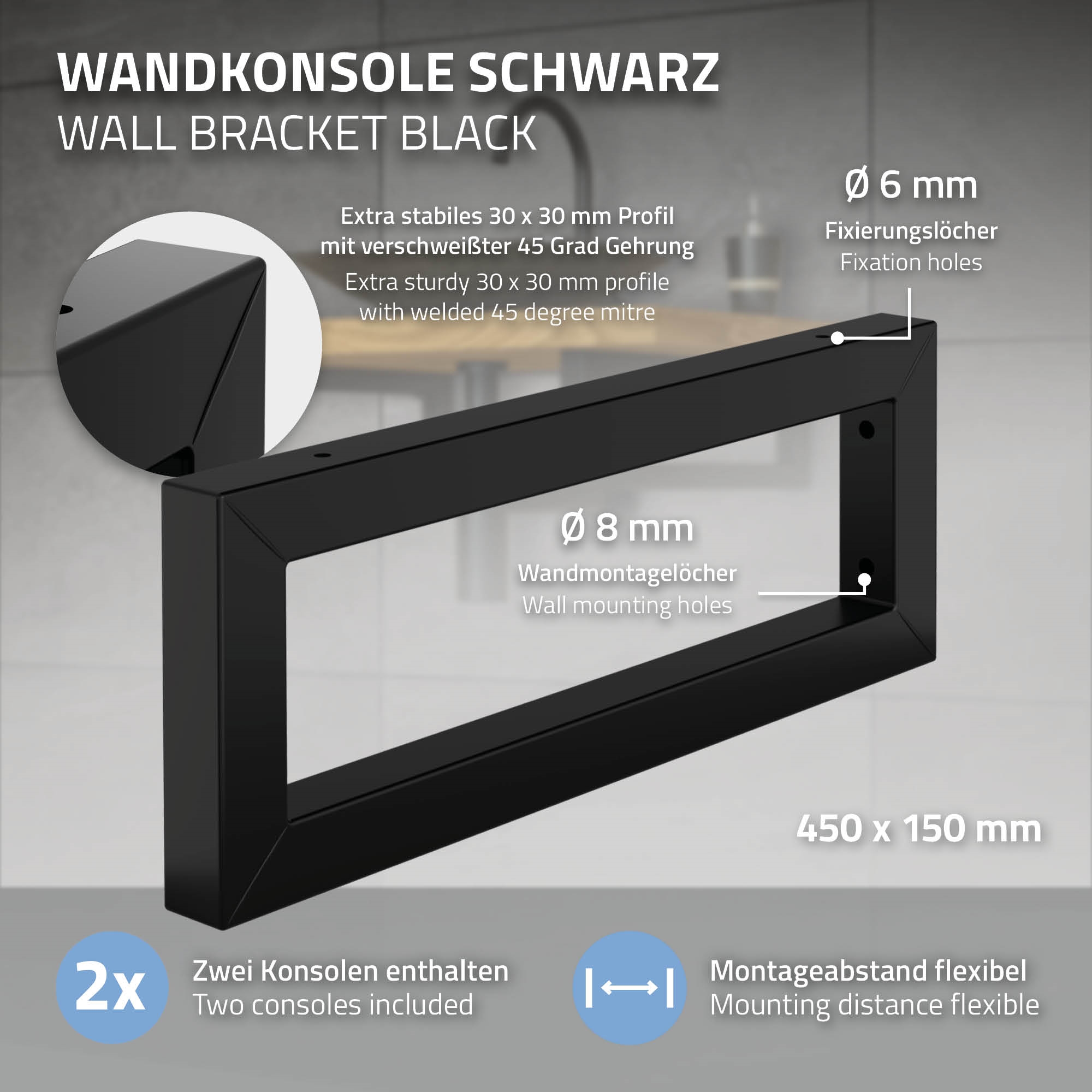 Set De 2x Consoles Murales Support D'étagères En Acier Noir Mat 450x150x30 Mm