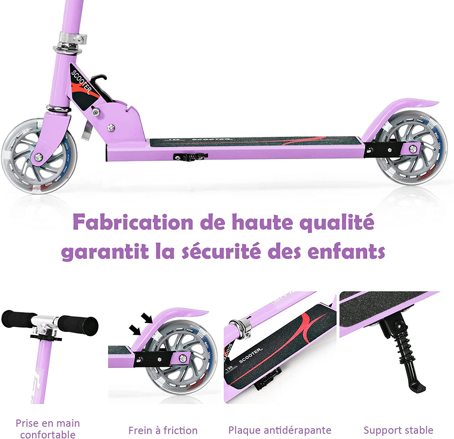 Costway Trottinette Enfant Pliable 2 Roues Patinette Pliante Enfant De 4 À 13 Ans Kick Avec Led