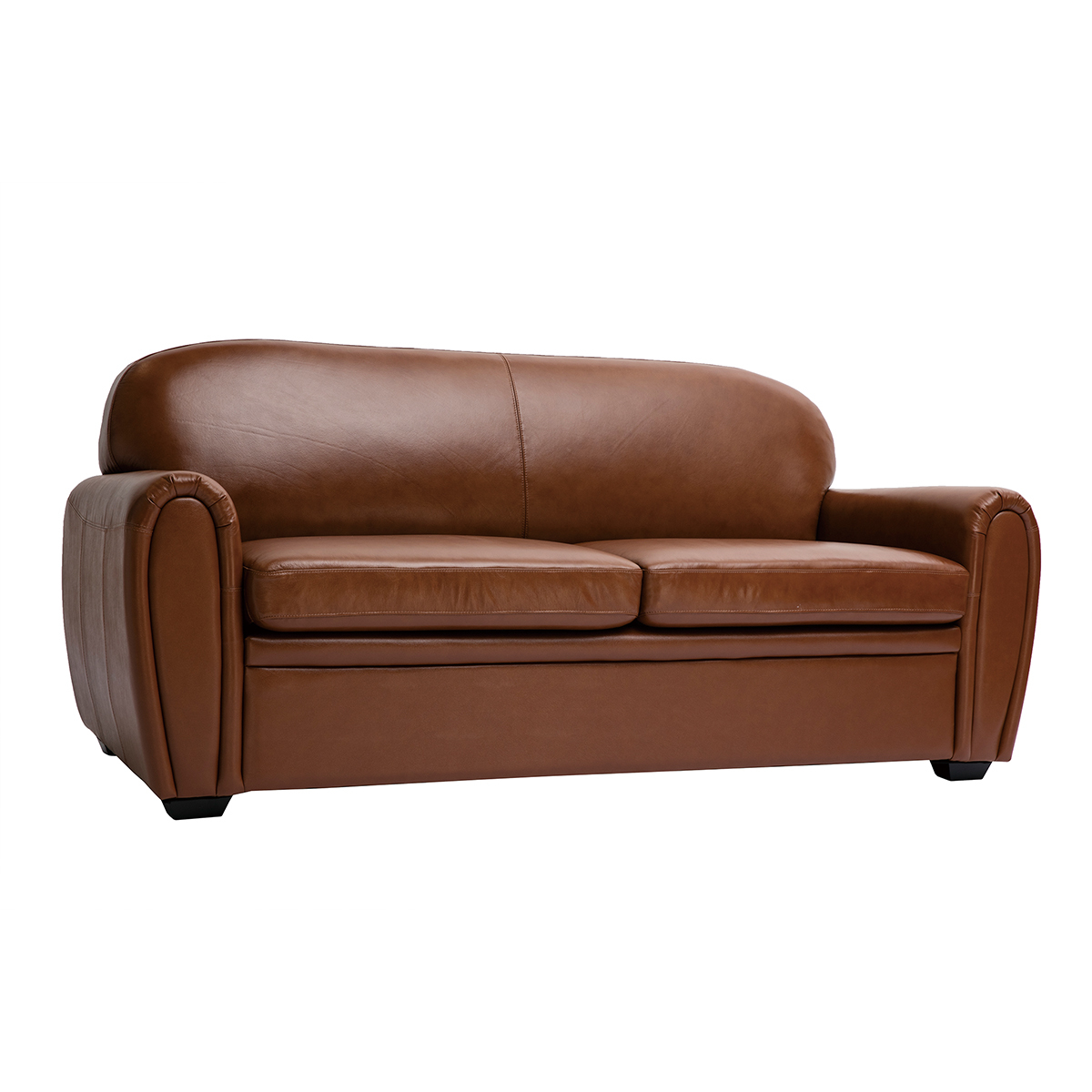 Canapé Convertible Vintage 3 Places Cuir Marron Et Bois Noir Avec Matelas 9 Cm Club