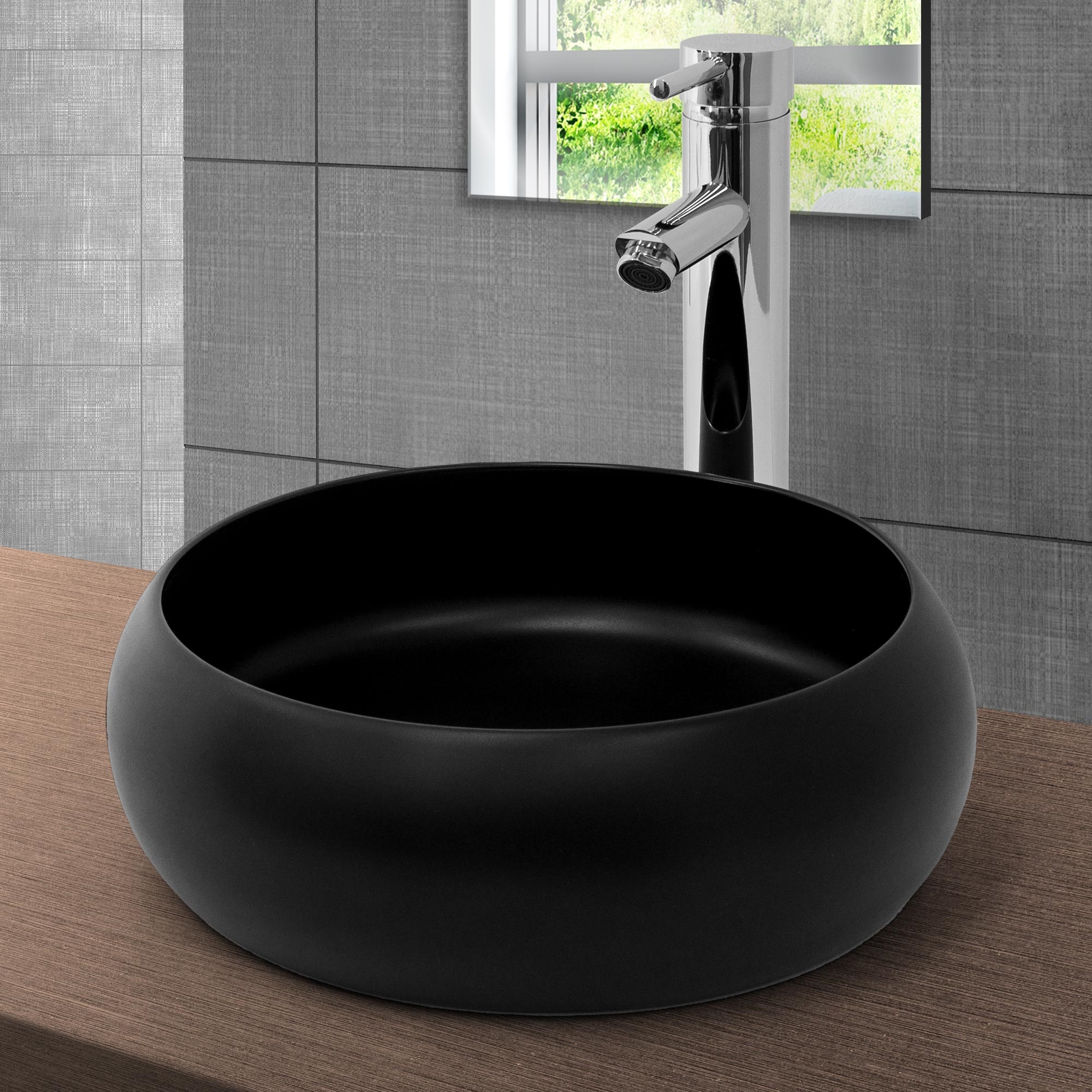 Lavabo En Céramique Noir Avec Garniture De Vidage Lave-mains Moderne Ø350x120 Mm