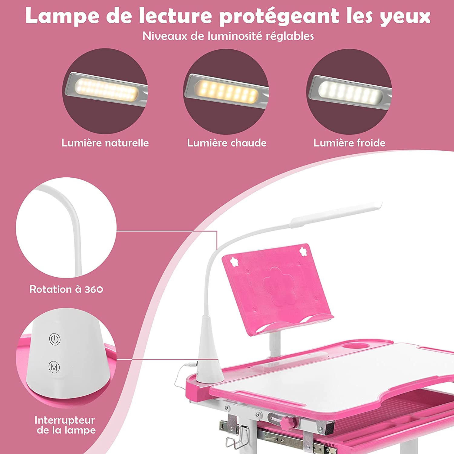 Ensemble Bureau Et Chaise Pour Enfants Avec Éclairage Led, Plateau Incliné Et Tiroir Coulissant