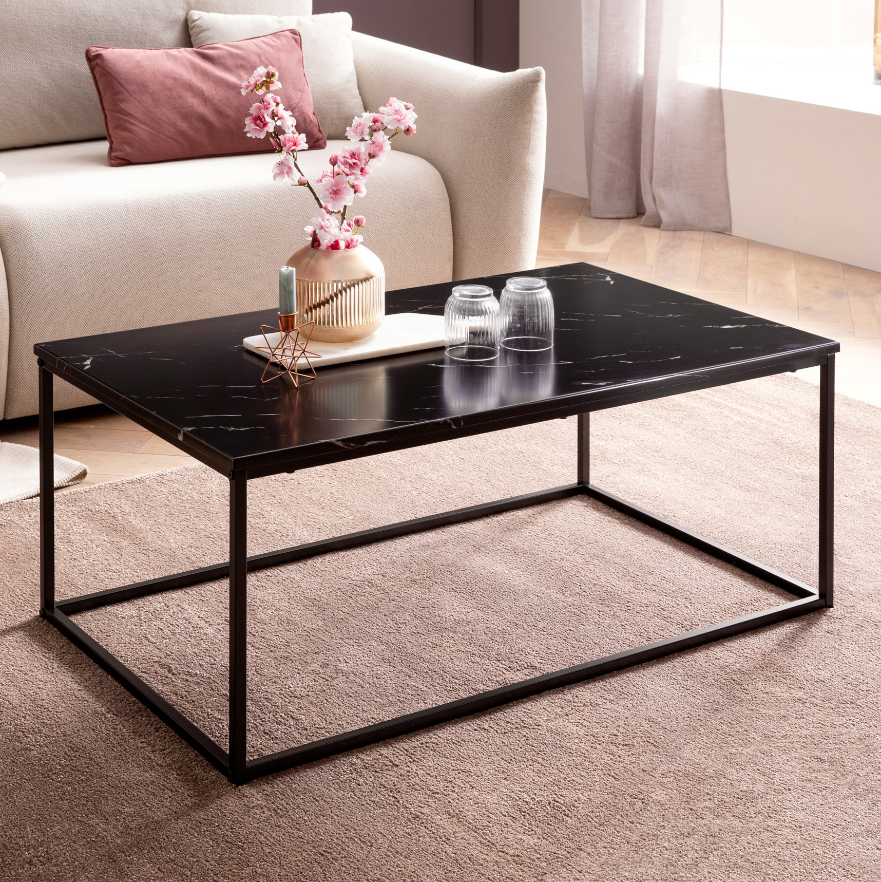 Wohnling Table Basse Aspect Marbre Noir 100x60 Cm Table De Salon Métal