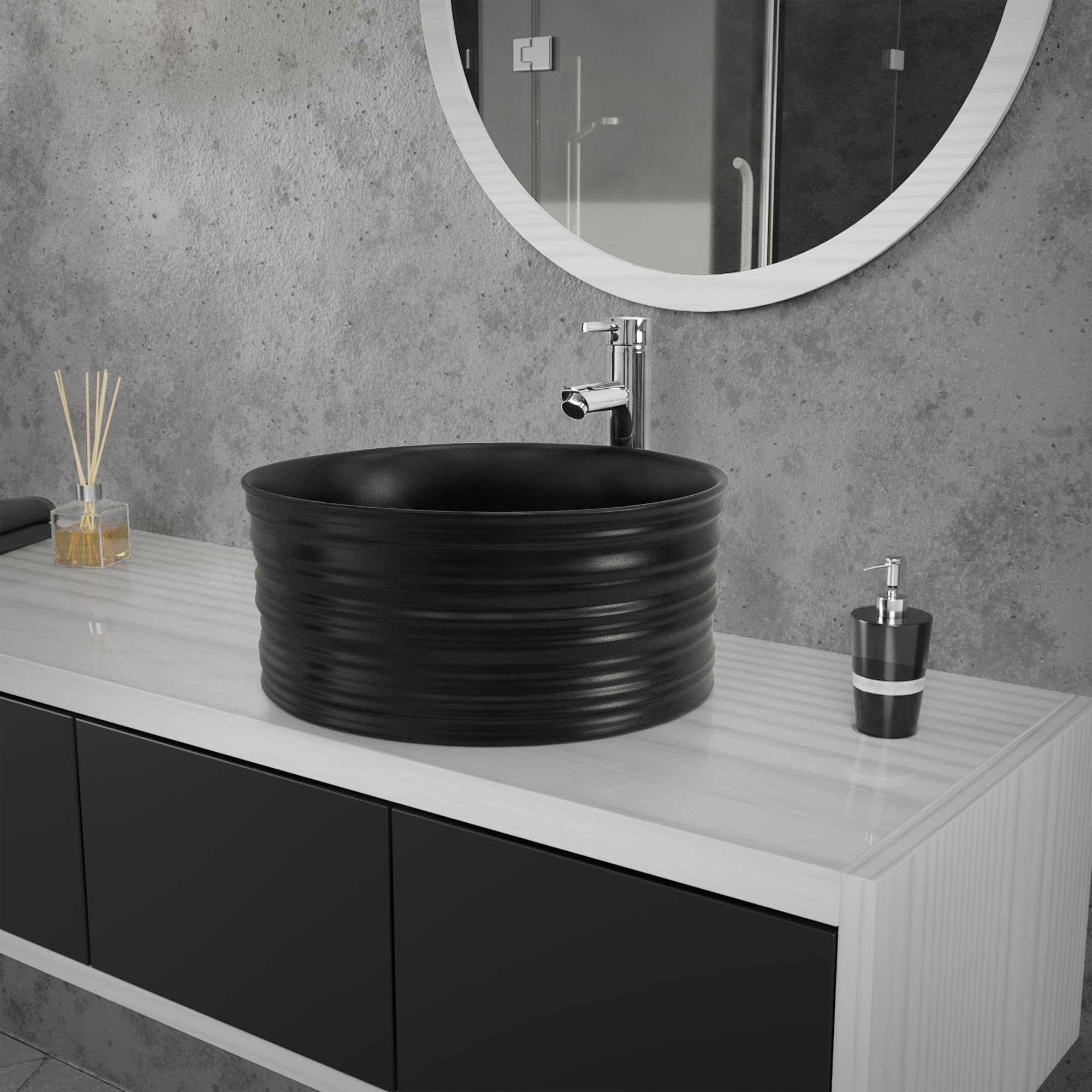 Vasque À Poser Céramique Noir Lavabo Avec Garniture De Vidage Chrome Ø410x180 Mm