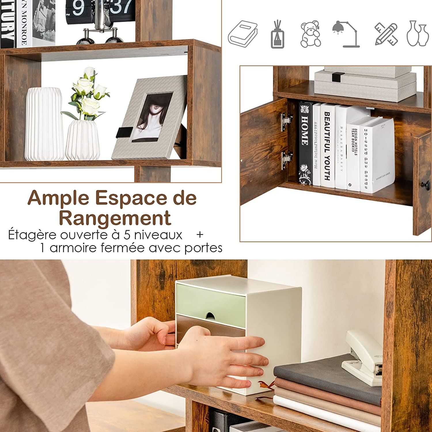 Bibliothèque À 6 Niveaux Avec 2 Portes-70 X 23 X 183 Cm-étagère