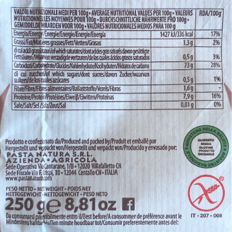 Trois Pâtes Sans Gluten Aux Céréales: Riz Complet, Maïs Et Riz, Amarante Teff Et Quinoa 250 Gr X 3 PASTA NATURA