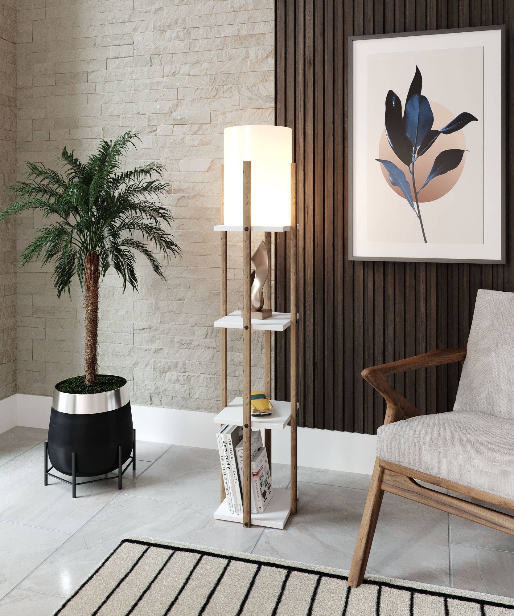 Lampadaire Combiné 3 Étagères Ulkoda 135cm Bois Naturel Et Blanc Et Tissu Blanc