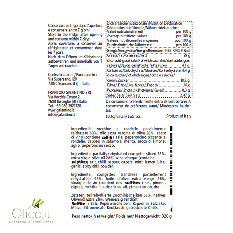 Courgettes Recette Des Pouilles À L'huile D'olive Extra Vierge 320 Gr FRANTOIO GALANTINO