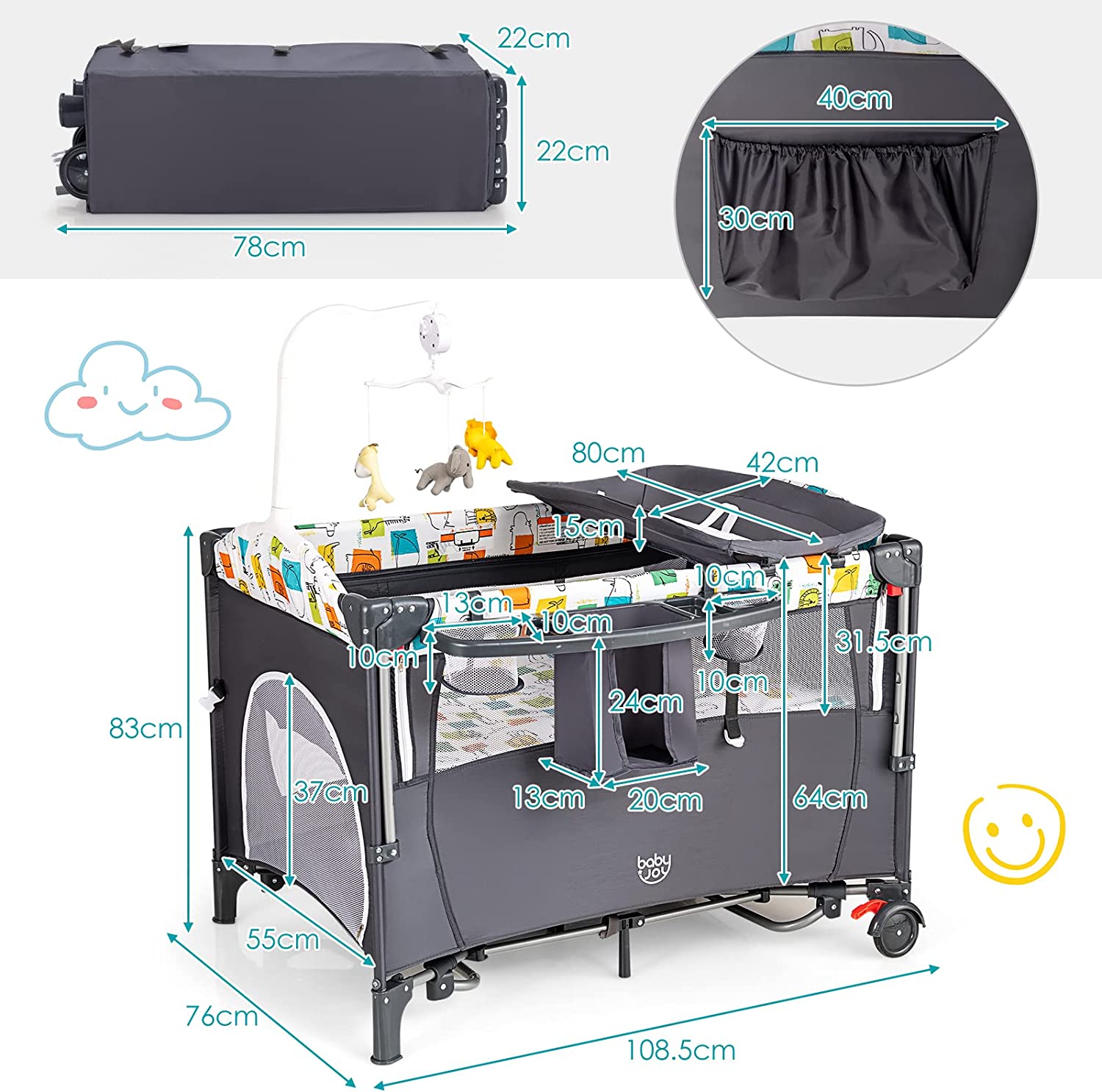 Lit Parapluie Bébé Pliant 5 En 1 Avec Matelas,berceau Parc Bébé Avec Table À Langer,boîte À Musique
