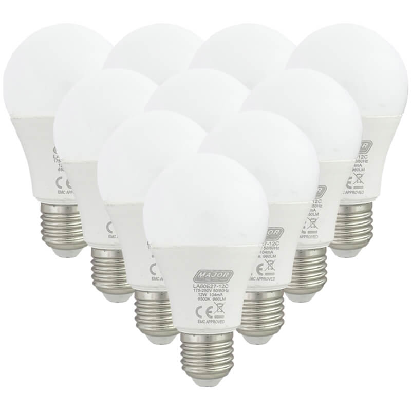 12W LED E27 Pack of 10 Cool White Lamps (LA60E7-12C) - Major Tech