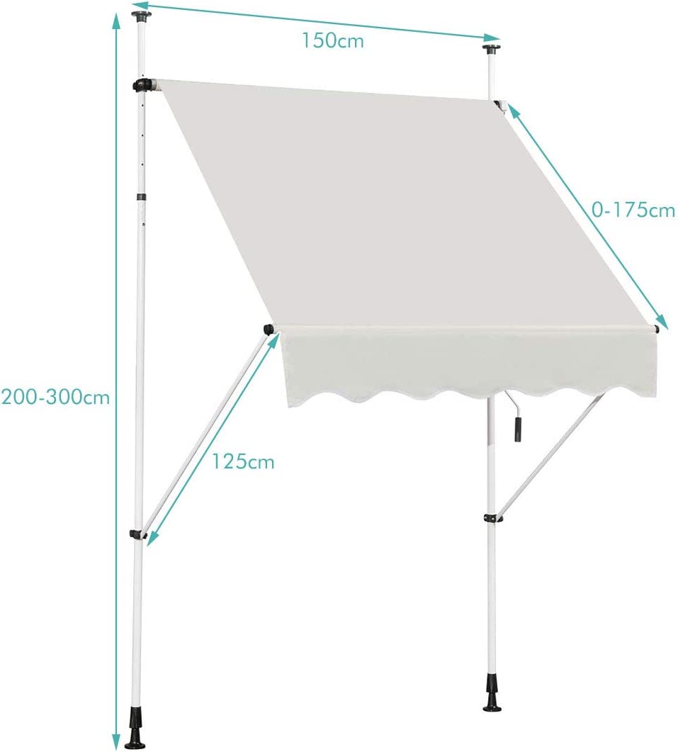 Auvent Rétractable Manuel 150x125cm Hauteur Réglable 2-3m Sans Perçage En Métal Et Tissu