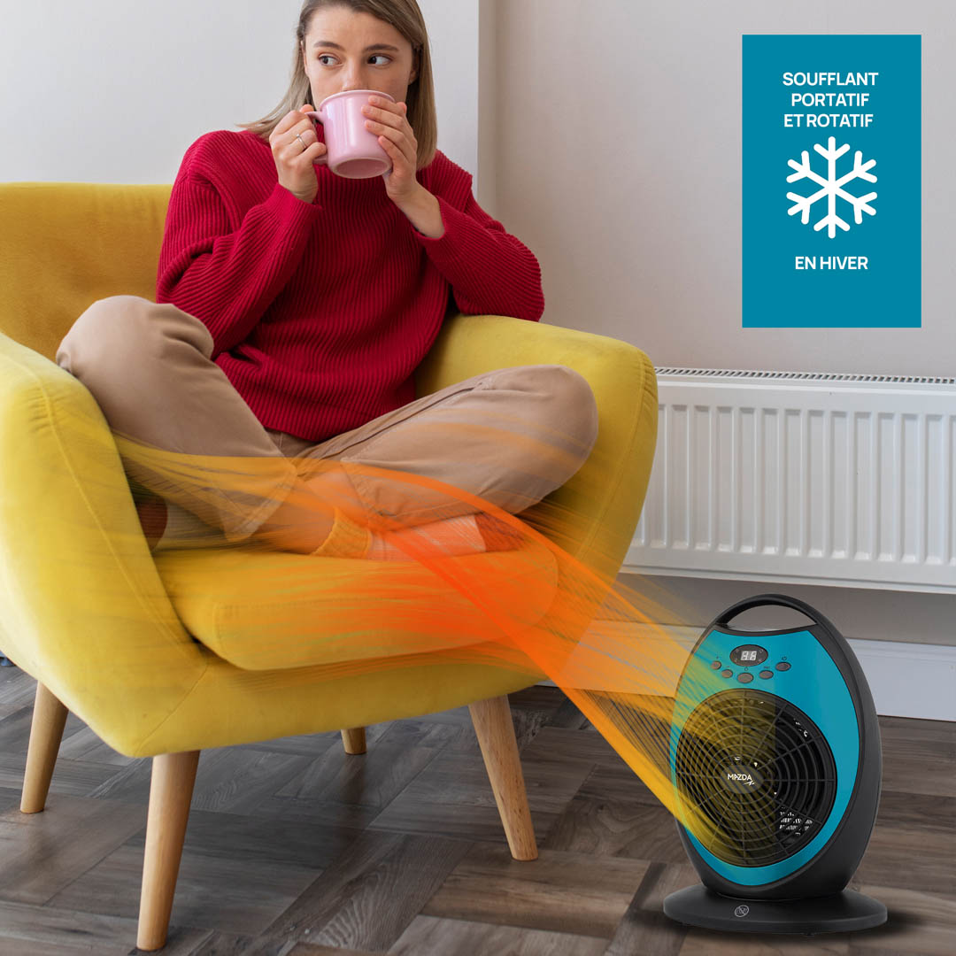 Soufflant 2 En 1 Mazda Ogive - Ventilateur Oscillant Et Radiateur Mobile - Température Réglable, Minuterie - Bleu