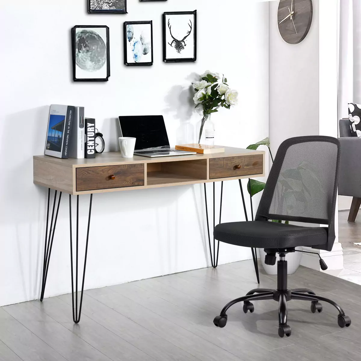 Bureau Compact Avec Rangement 80x50 Cm - Cadre Métal, Plateau Marron Vintage - Idéal Télétravail, Petit Espace, Salon - 9